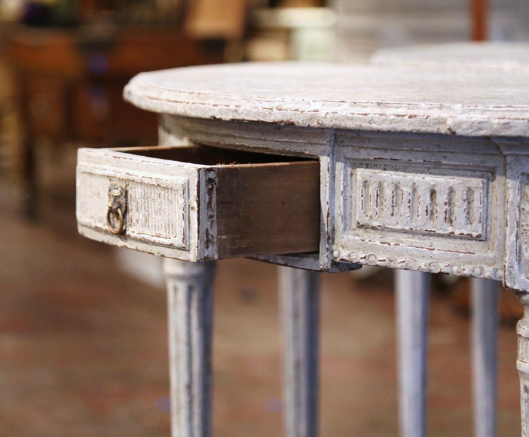 Pair of 19th Century French Louis XVI Carved Painted Demilune Console Tables For Sale 6