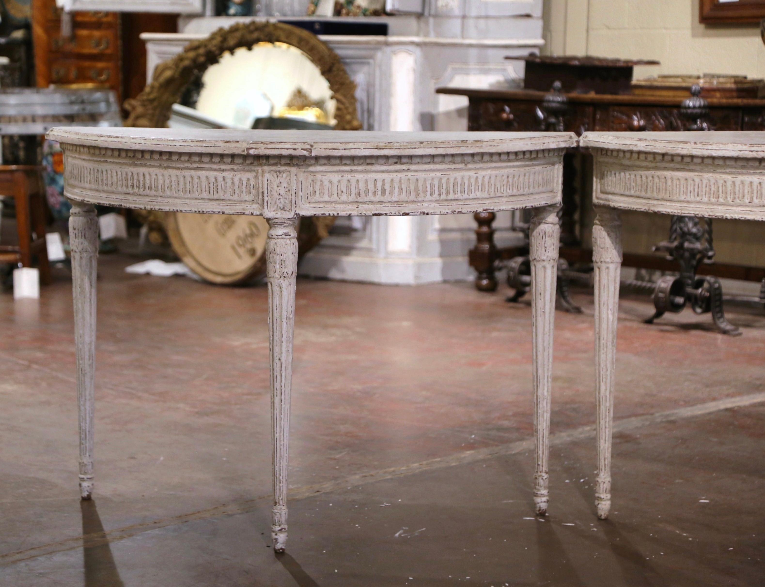 Pair of 19th Century French Louis XVI Carved Painted Demilune Console Tables 6