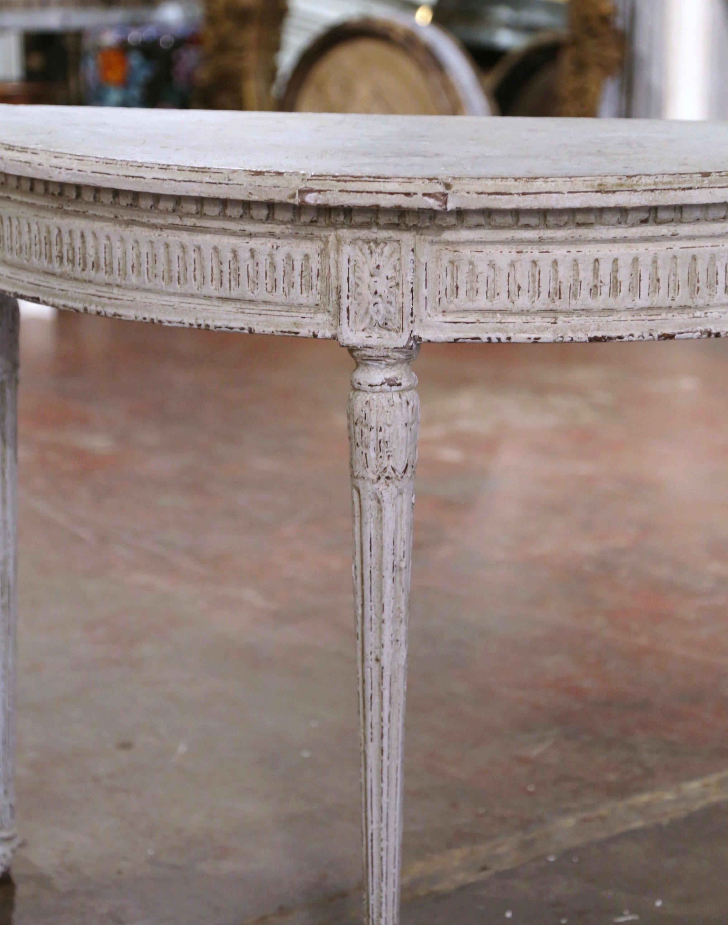 Pair of 19th Century French Louis XVI Carved Painted Demilune Console Tables 7