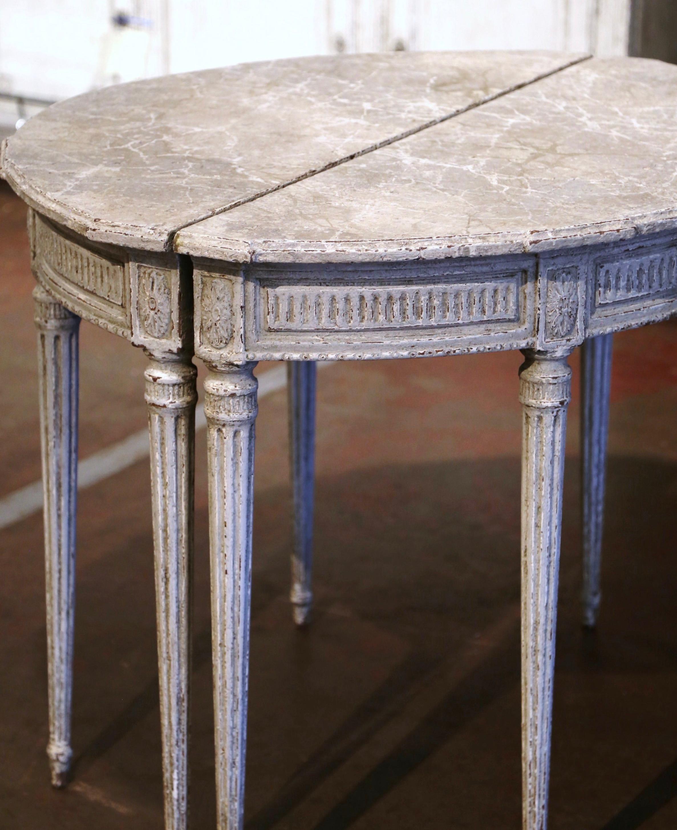 Pair of 19th Century French Louis XVI Carved Painted Demilune Console Tables 8