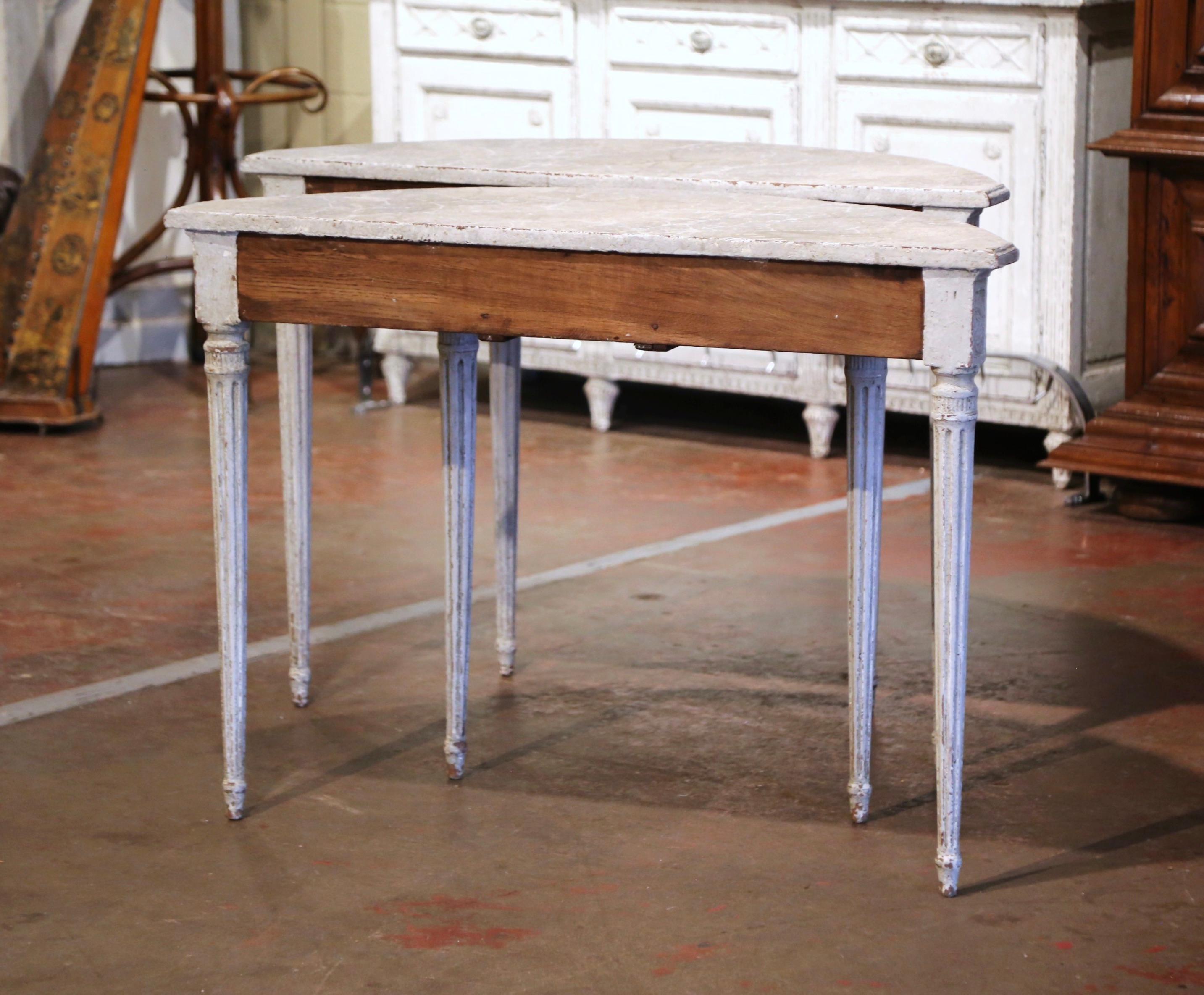 Pair of 19th Century French Louis XVI Carved Painted Demilune Console Tables 9