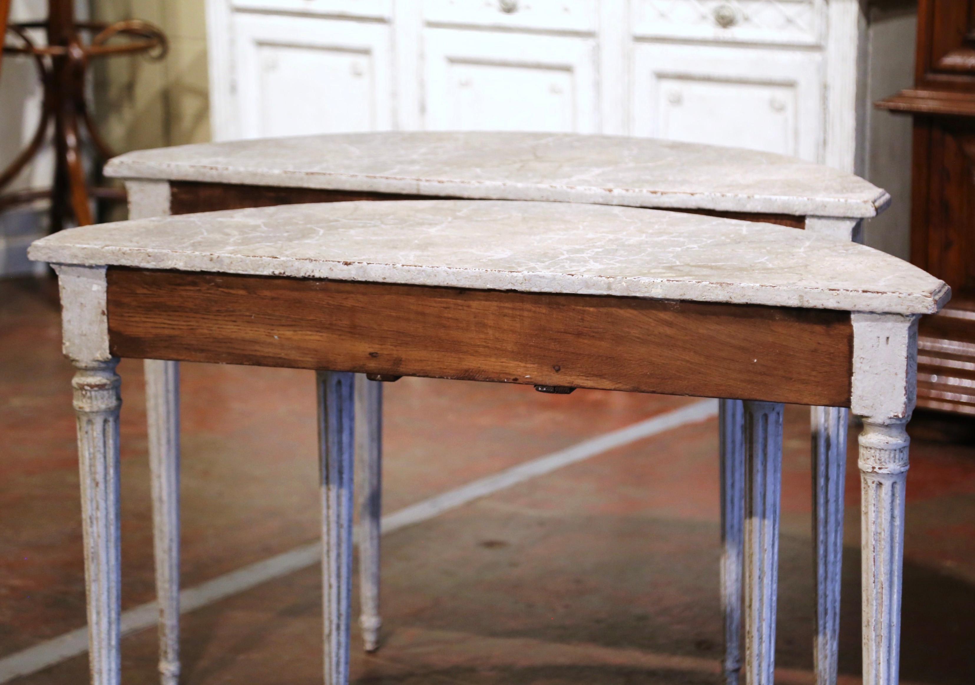 Pair of 19th Century French Louis XVI Carved Painted Demilune Console Tables 10