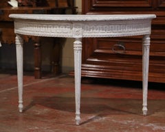 Pair of 19th Century French Louis XVI Carved Painted Demilune Console Tables