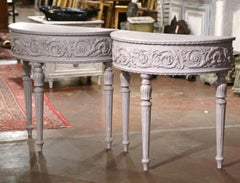 Pair of 19th Century French Louis XVI Carved Painted Demilune Console Tables