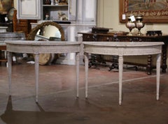 Pair of 19th Century French Louis XVI Carved Painted Demilune Console Tables