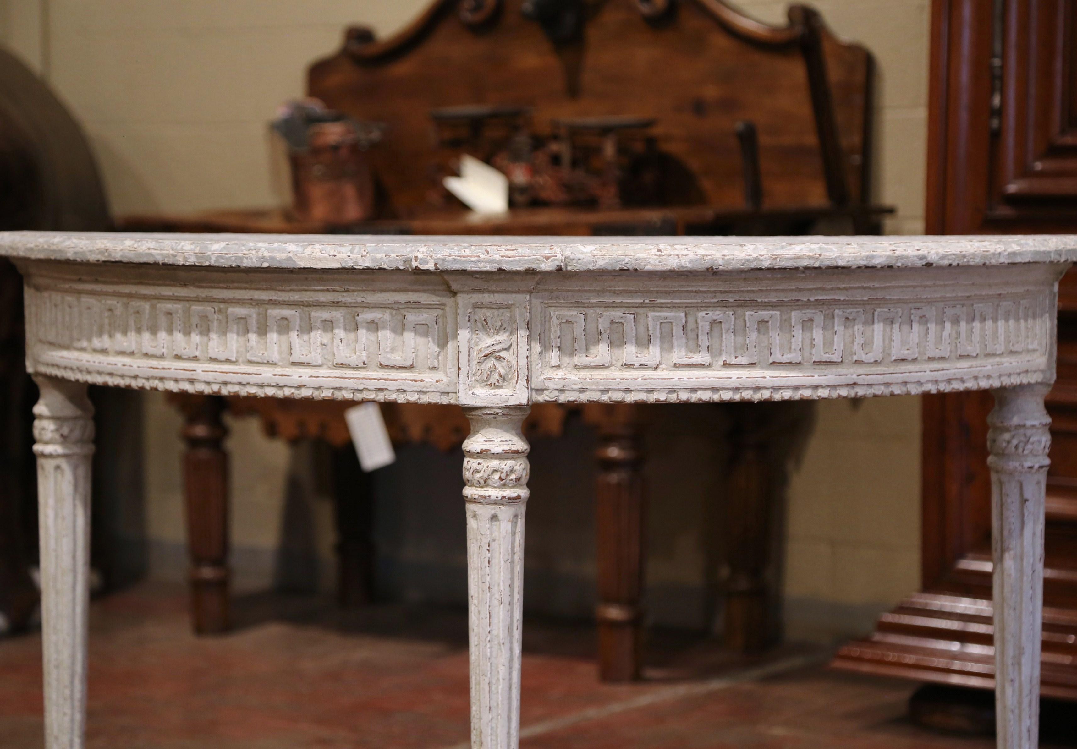 Hand-Carved Pair of 19th Century French Louis XVI Carved Painted Demilune Console Tables