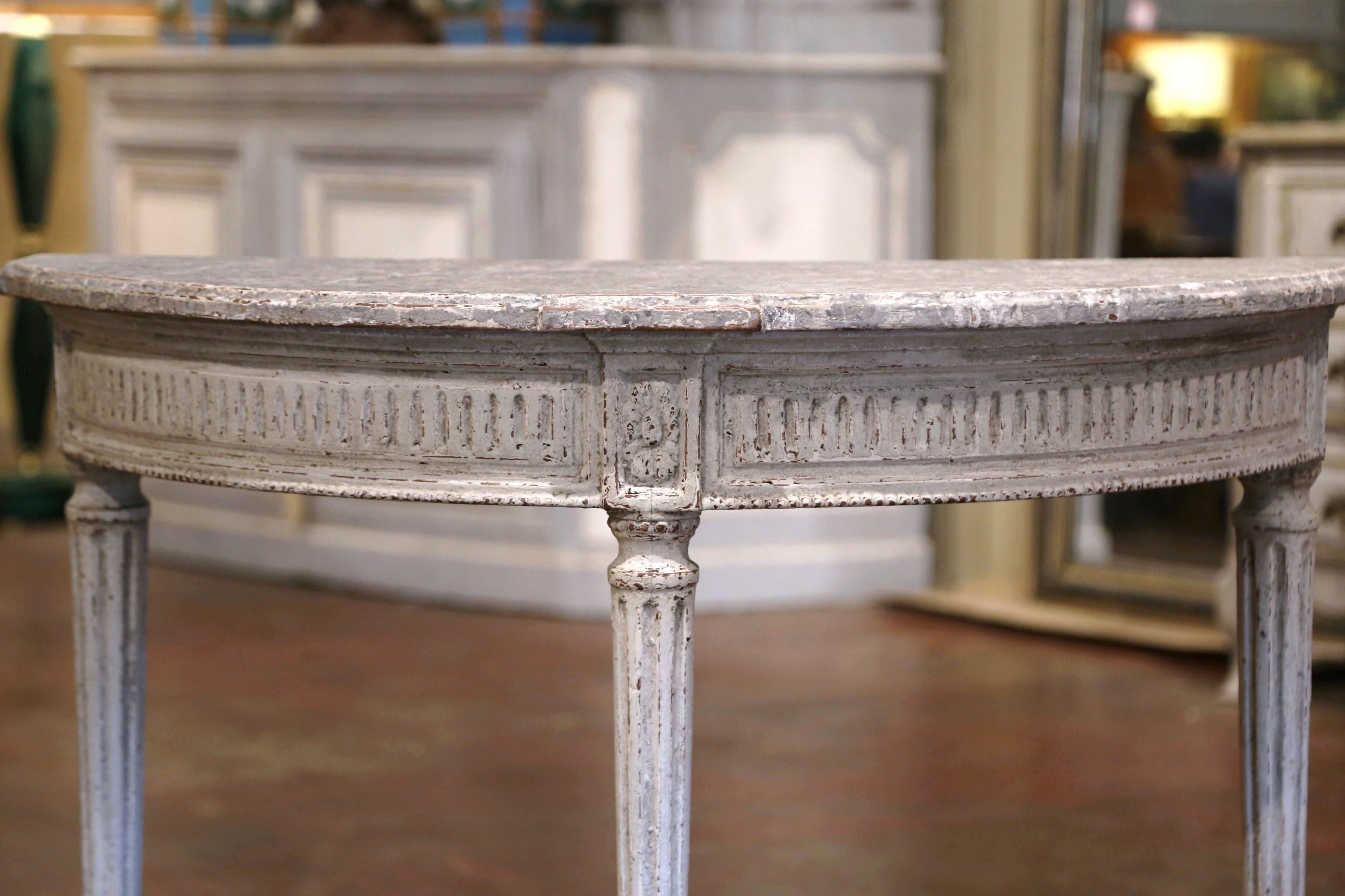 Hand-Painted Pair of 19th Century French Louis XVI Carved Painted Demilune Console Tables