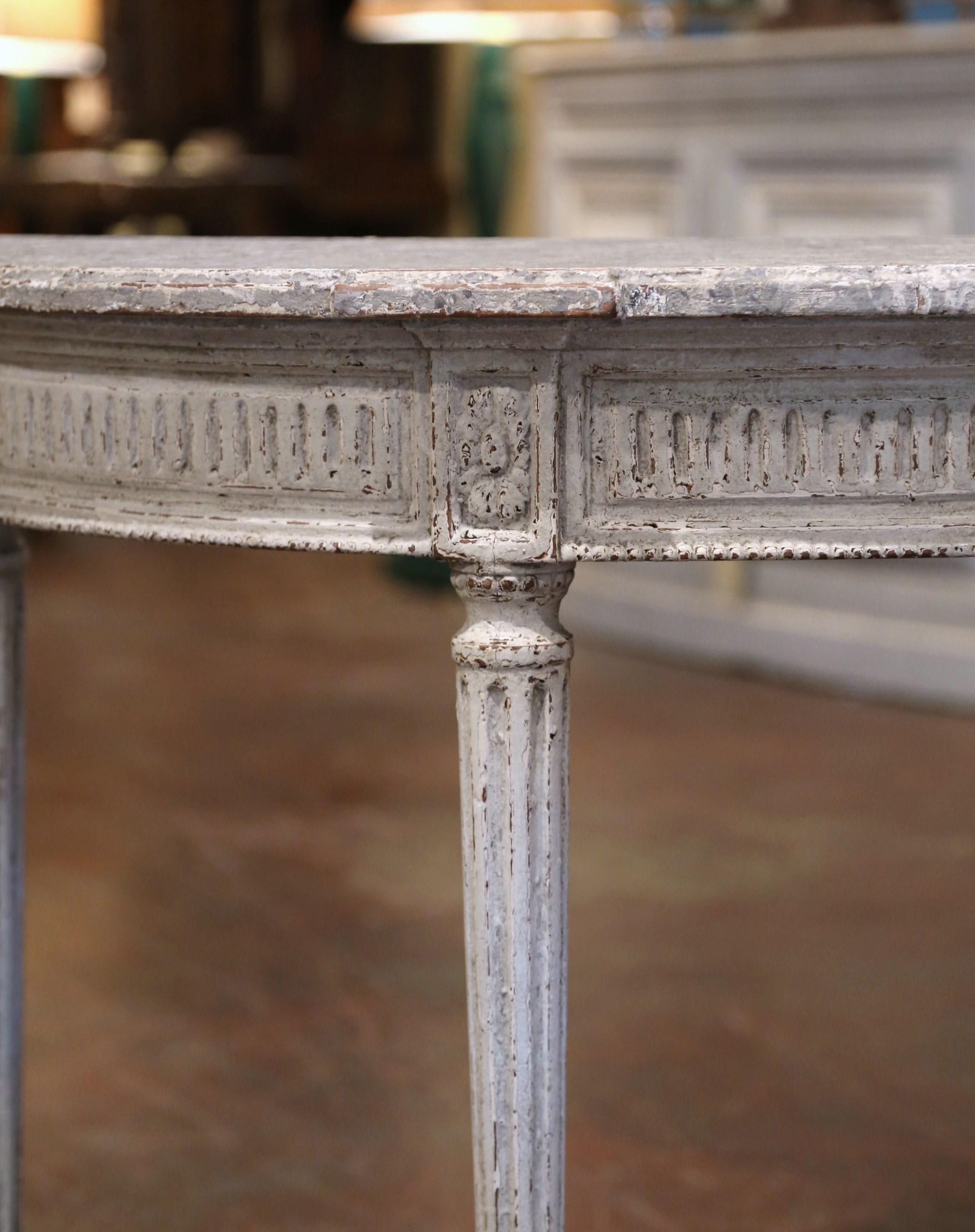 Pair of 19th Century French Louis XVI Carved Painted Demilune Console Tables 1