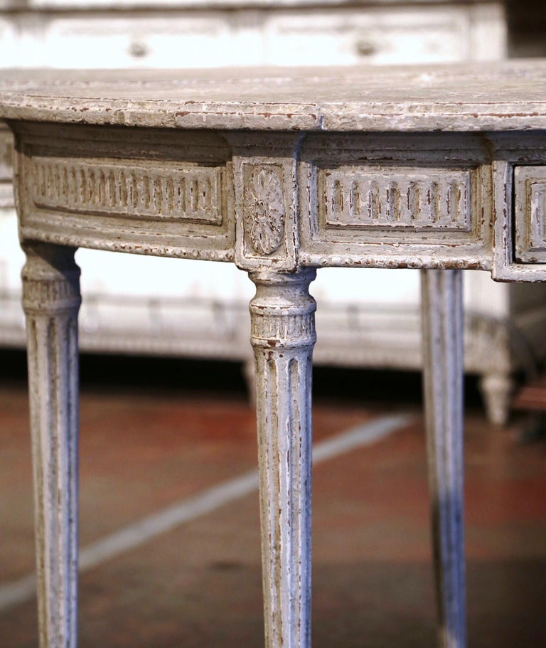 Pair of 19th Century French Louis XVI Carved Painted Demilune Console Tables For Sale 3