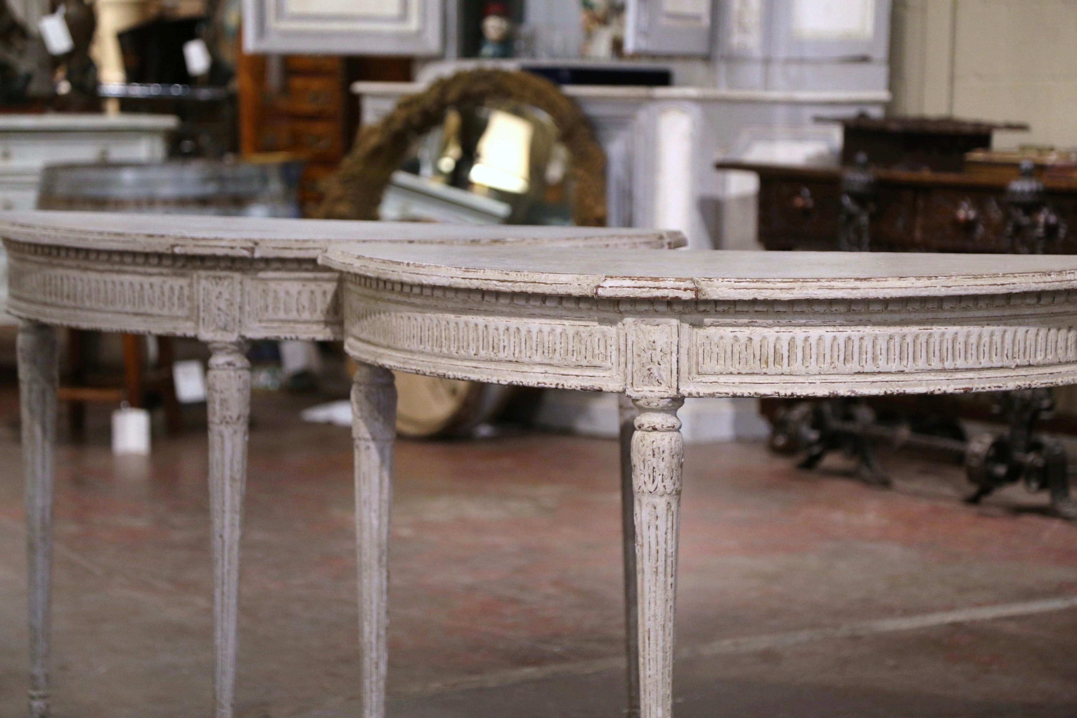 Pair of 19th Century French Louis XVI Carved Painted Demilune Console Tables 3