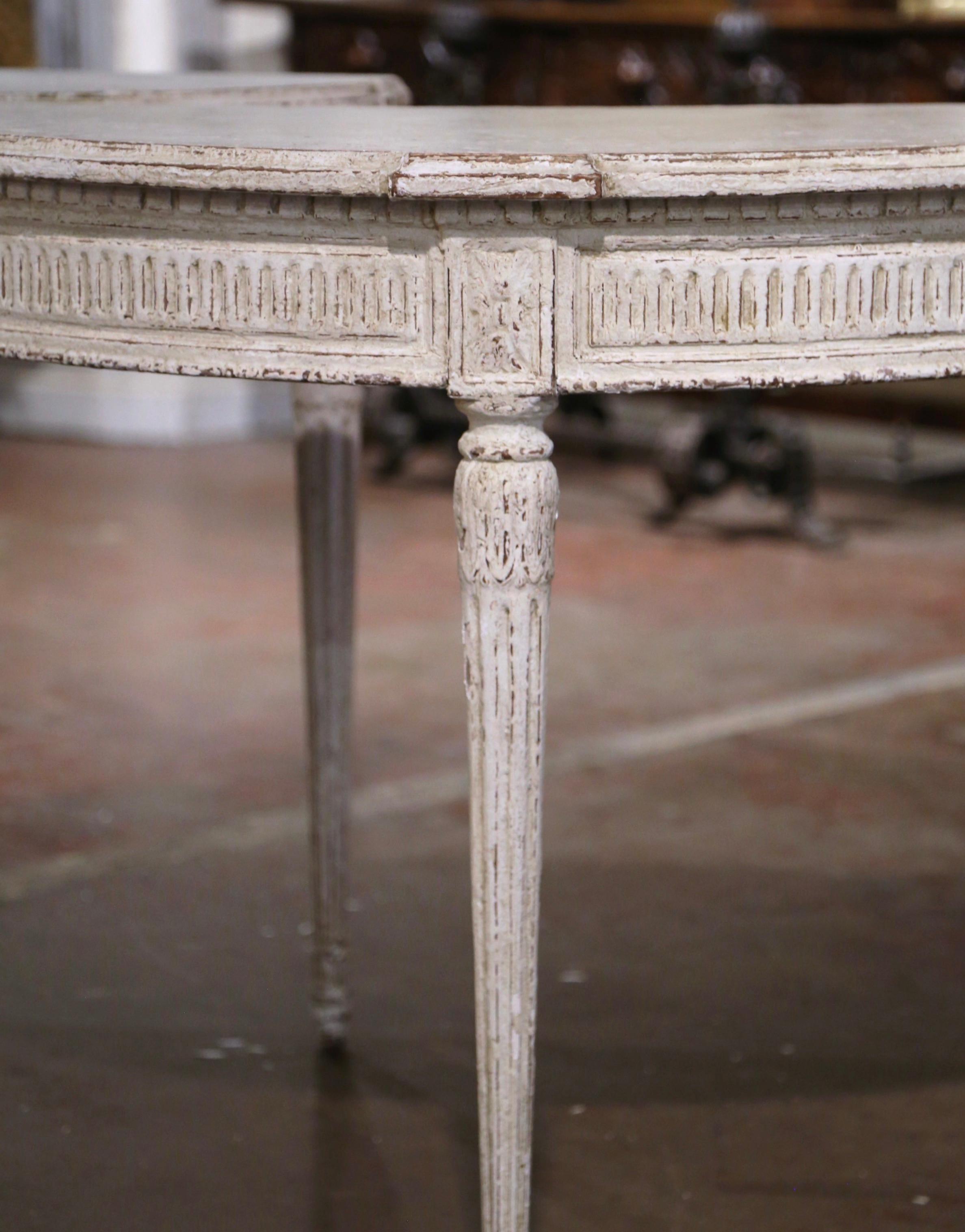 Pair of 19th Century French Louis XVI Carved Painted Demilune Console Tables 4