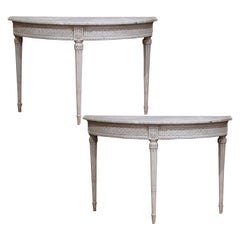Pair of 19th Century French Louis XVI Carved Painted Demilune Console Tables