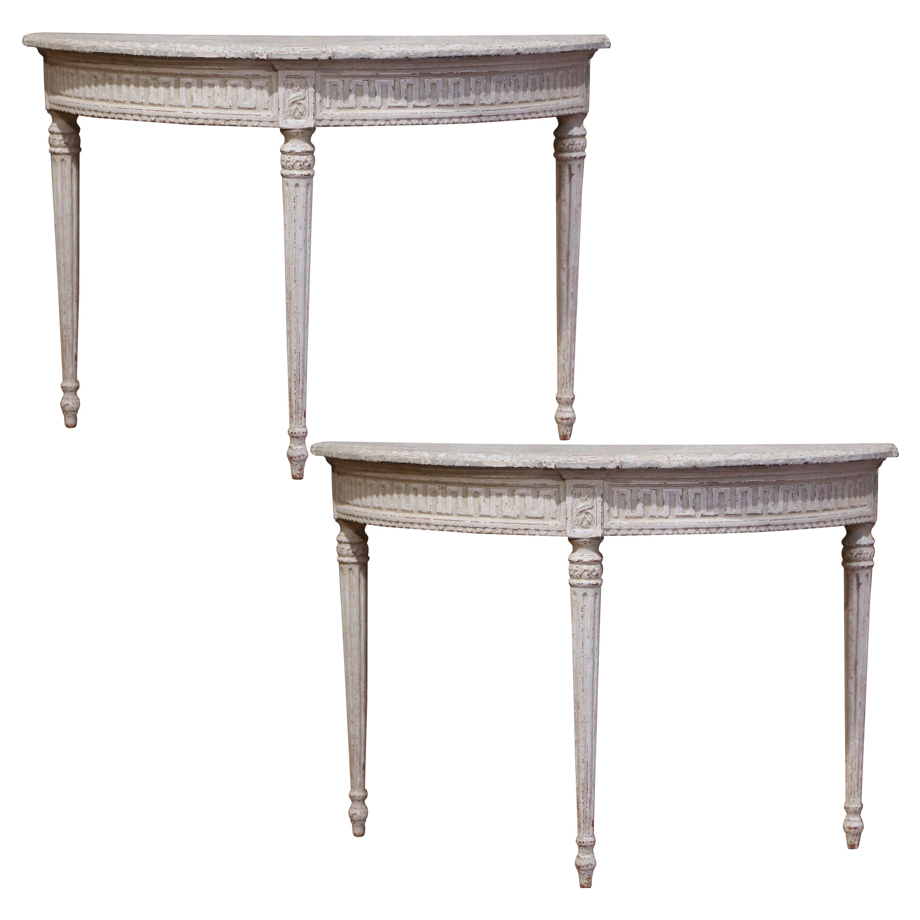 Pair of 19th Century French Louis XVI Carved Painted Demilune Console Tables