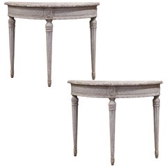Pair of 19th Century French Louis XVI Carved Painted Demilune Console Tables