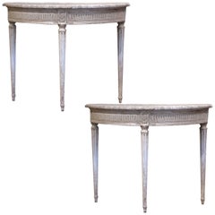 Pair of 19th Century French Louis XVI Carved Painted Demilune Console Tables