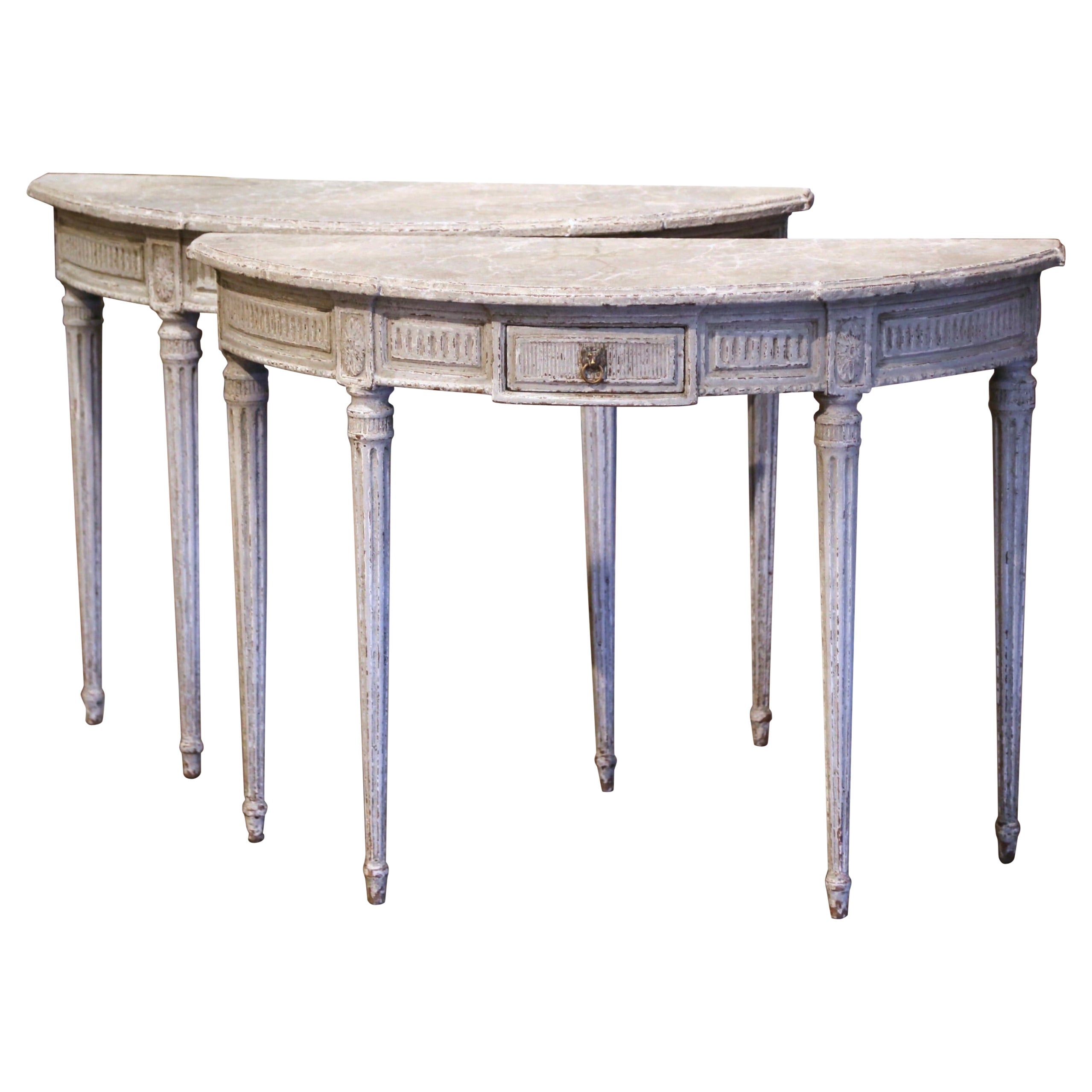 Pair of 19th Century French Louis XVI Carved Painted Demilune Console Tables