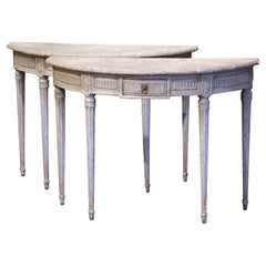 Pair of 19th Century French Louis XVI Carved Painted Demilune Console Tables