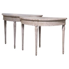 Pair of 19th Century French Louis XVI Carved Painted Demilune Console Tables