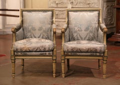Pair of 19th Century French Louis XVI Carved Painted Low Fireplace Armchairs