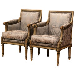 Pair of 19th Century French Louis XVI Carved Painted Low Fireplace Armchairs