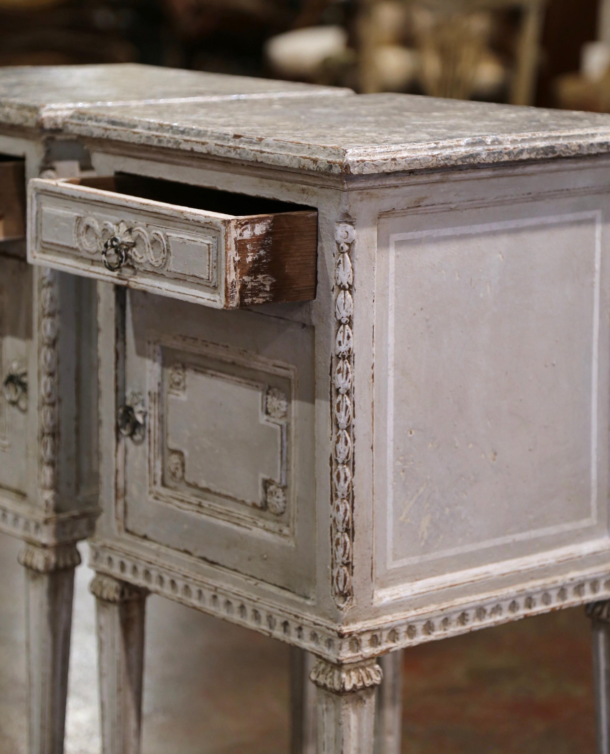 Pair of 19th Century French Louis XVI Carved Painted Nightstands Bedside Tables 2