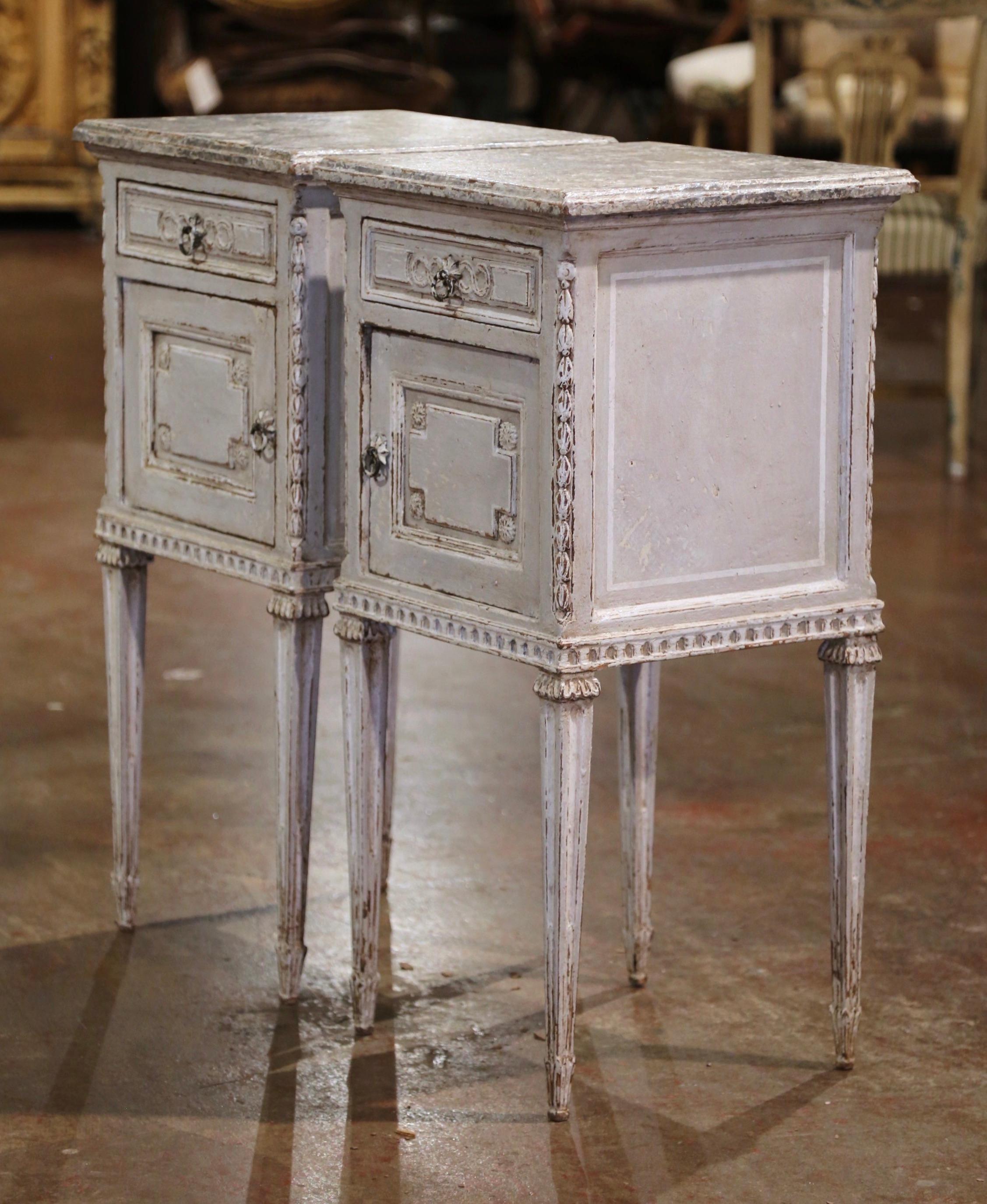 Pair of 19th Century French Louis XVI Carved Painted Nightstands Bedside Tables 3