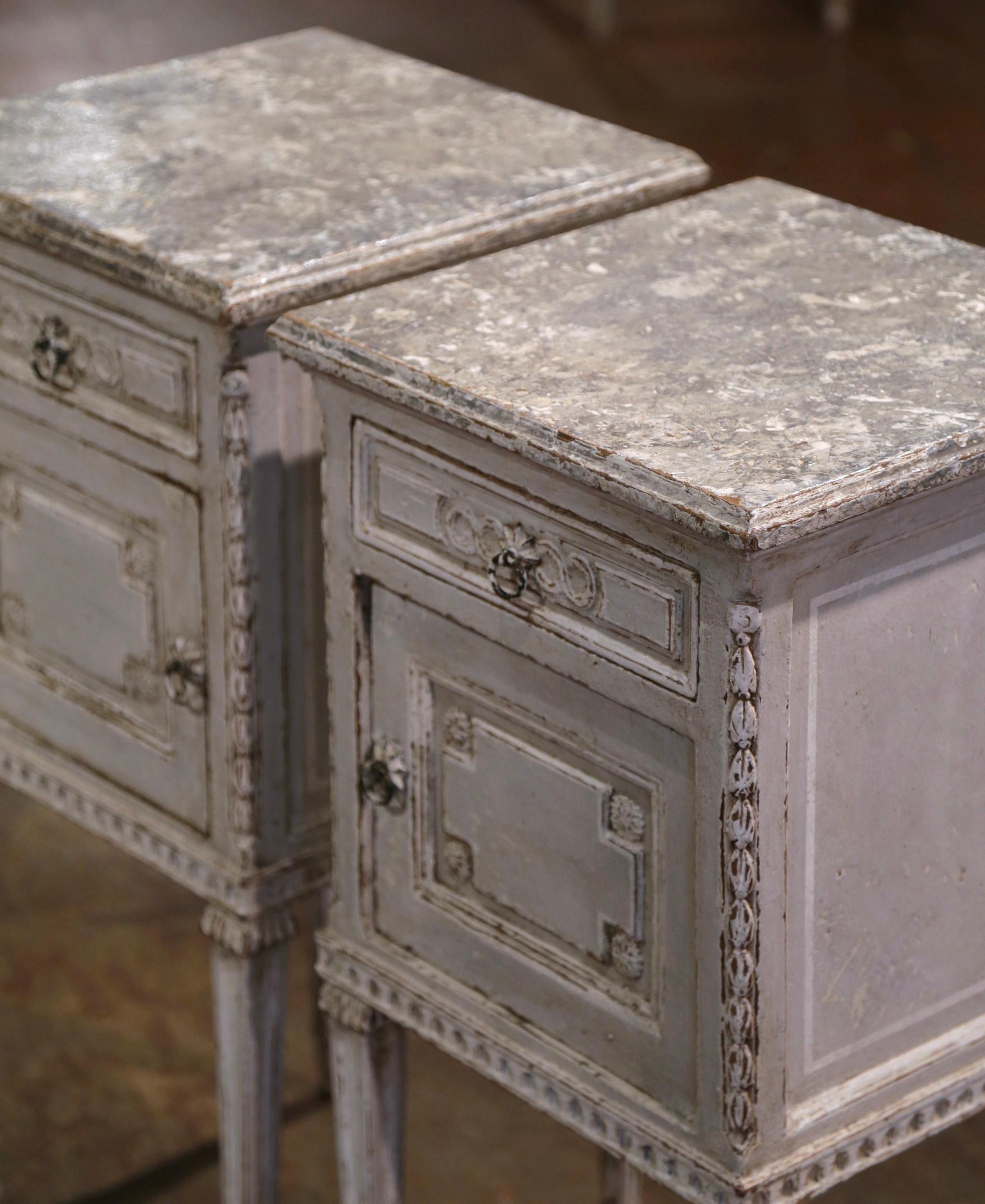 Pair of 19th Century French Louis XVI Carved Painted Nightstands Bedside Tables 4