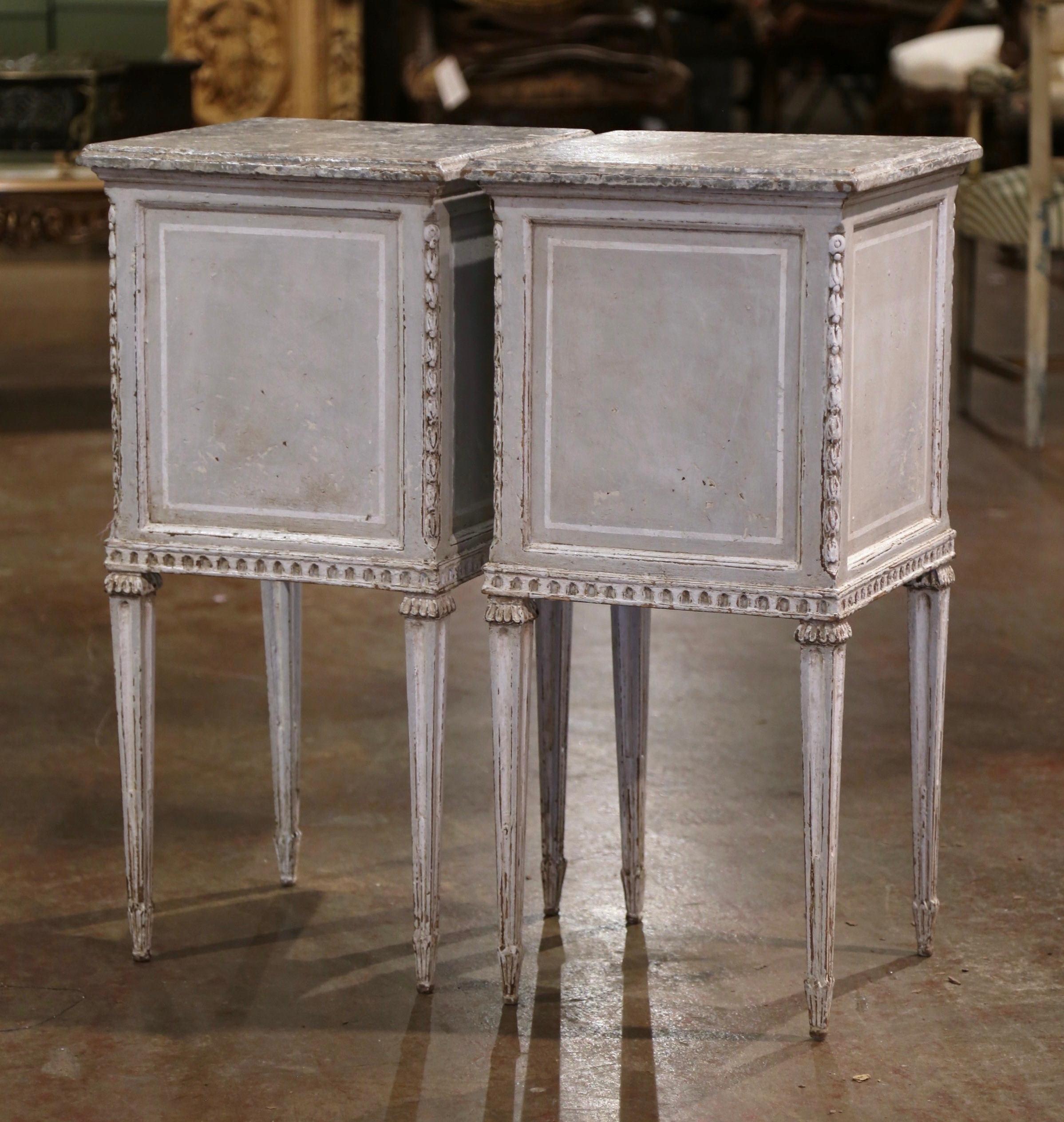 Pair of 19th Century French Louis XVI Carved Painted Nightstands Bedside Tables 7