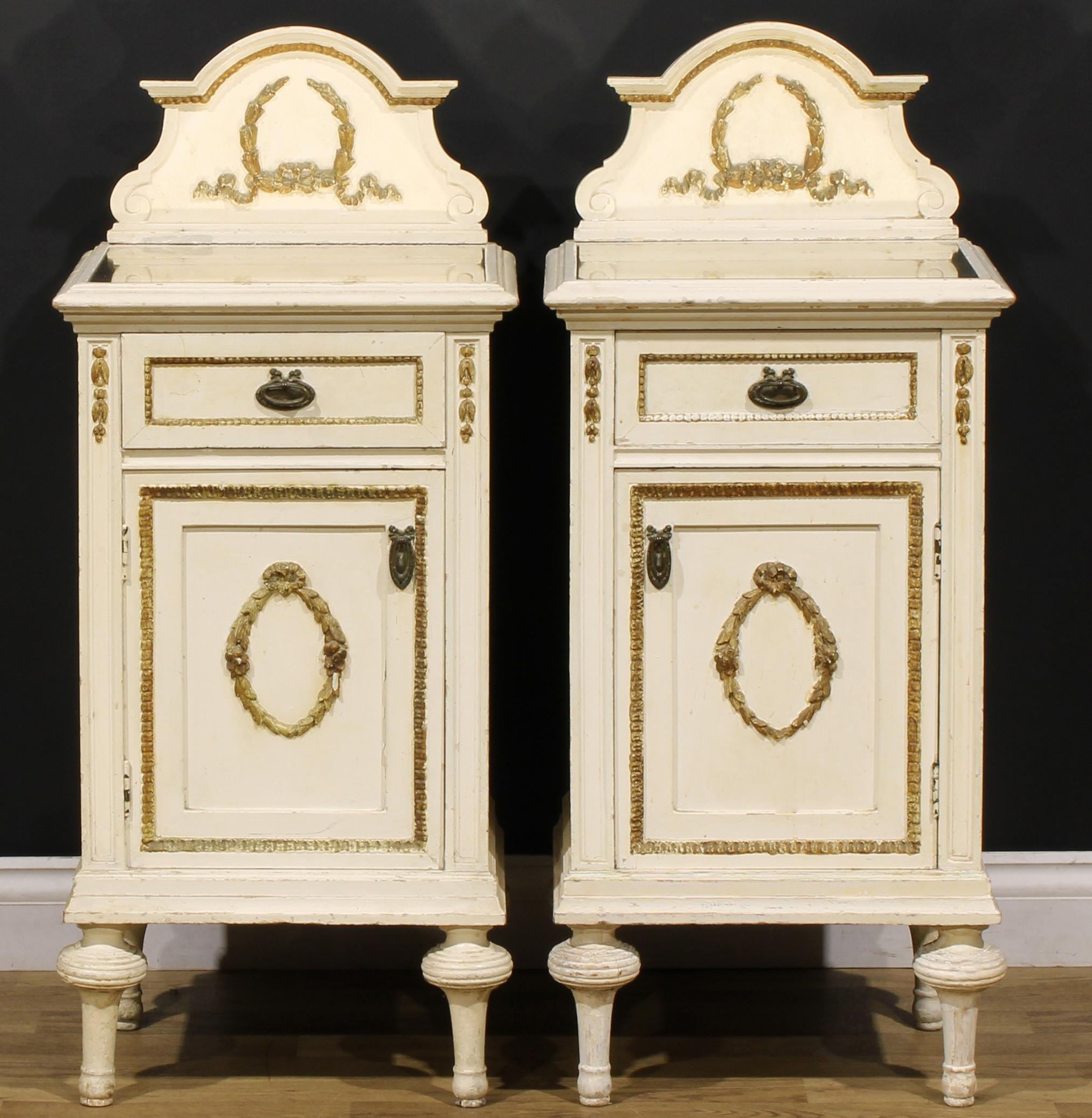 A Pair Of Matching French Louis XVI Rustic Style Shabby Chic Painted Bedroom Nightstand Cabinets, Each With A Single Drawer & Cabinet Drawer.

Tops featured glass.