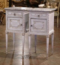 Pair of 19th Century French Louis XVI Carved Painted Nightstands Bedside Tables