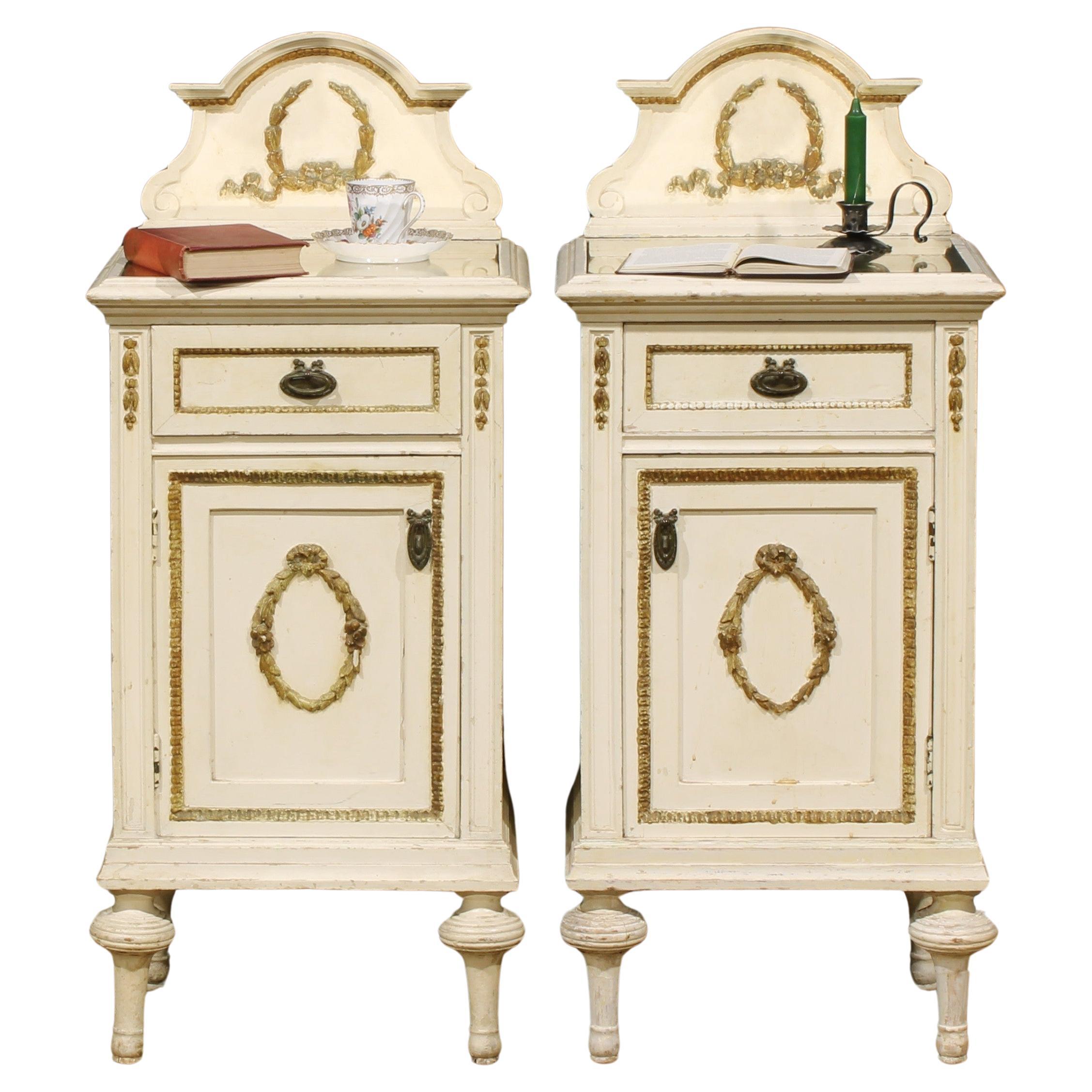 Pair of 19th Century French Louis XVI Carved Painted Nightstands Bedside Tables In Fair Condition For Sale In High Wycombe, GB