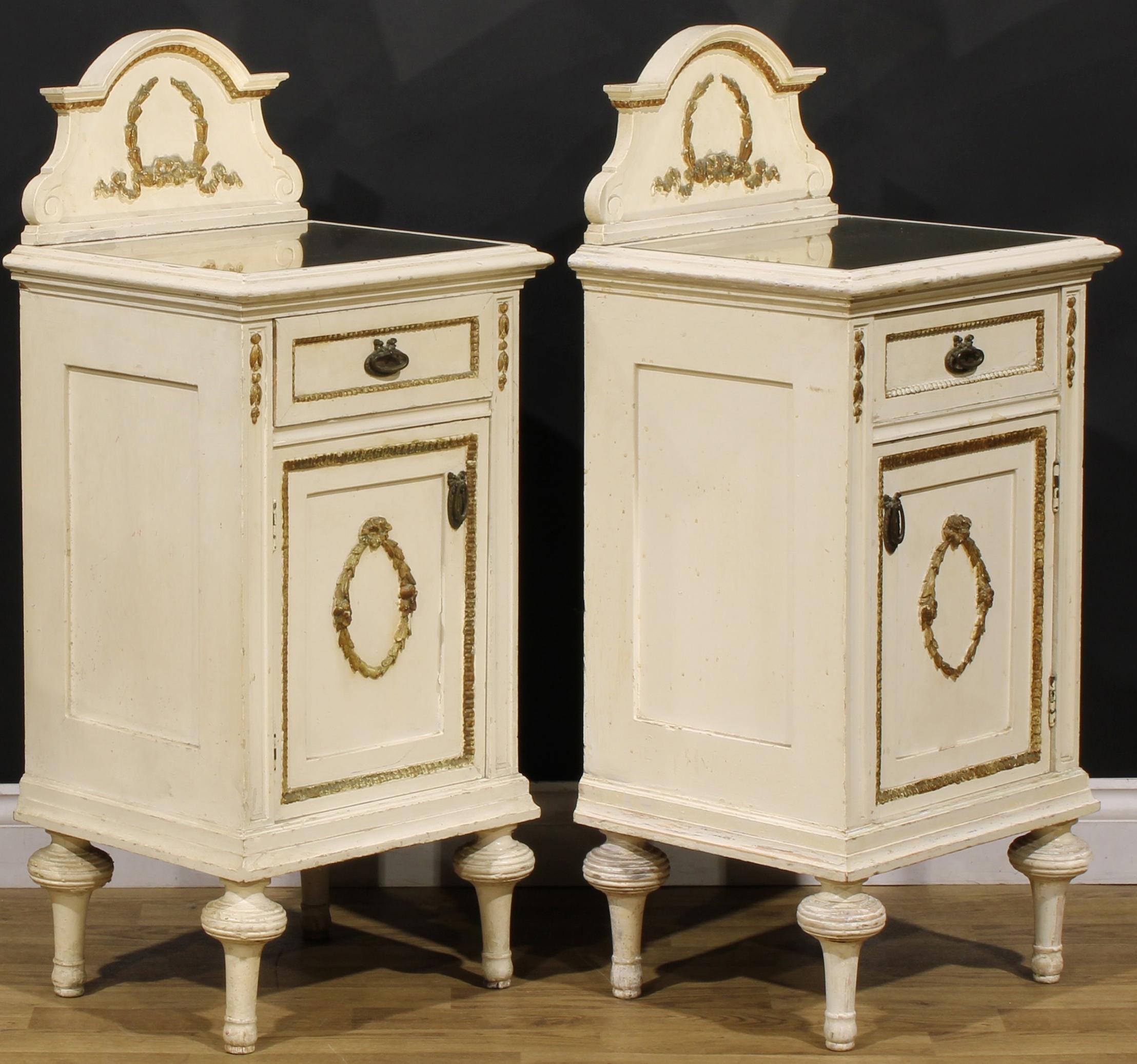 Glass Pair of 19th Century French Louis XVI Carved Painted Nightstands Bedside Tables For Sale
