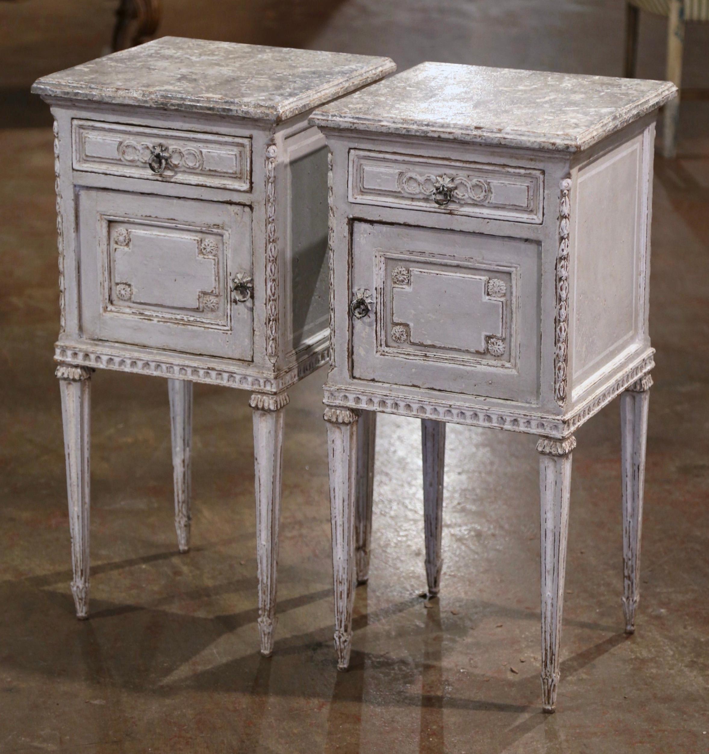 Hand-Carved Pair of 19th Century French Louis XVI Carved Painted Nightstands Bedside Tables