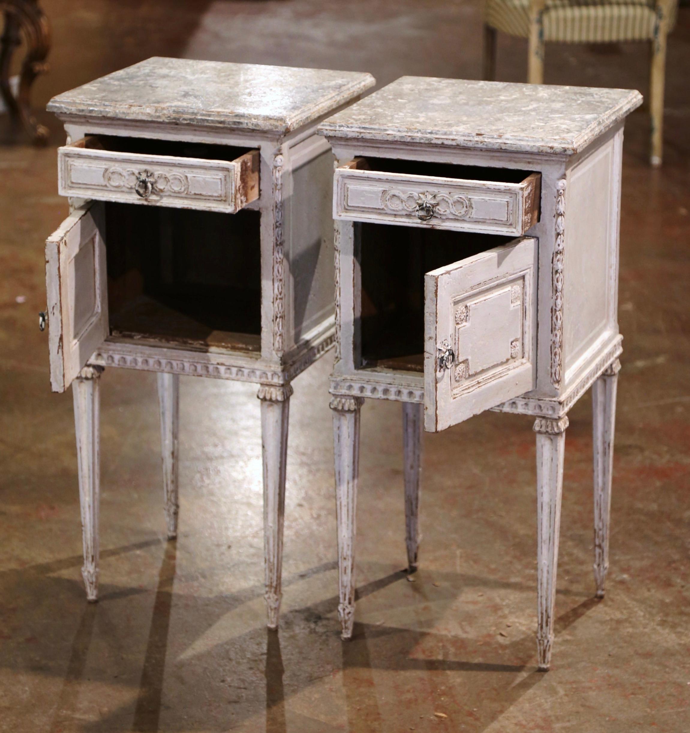 Pair of 19th Century French Louis XVI Carved Painted Nightstands Bedside Tables In Excellent Condition In Dallas, TX