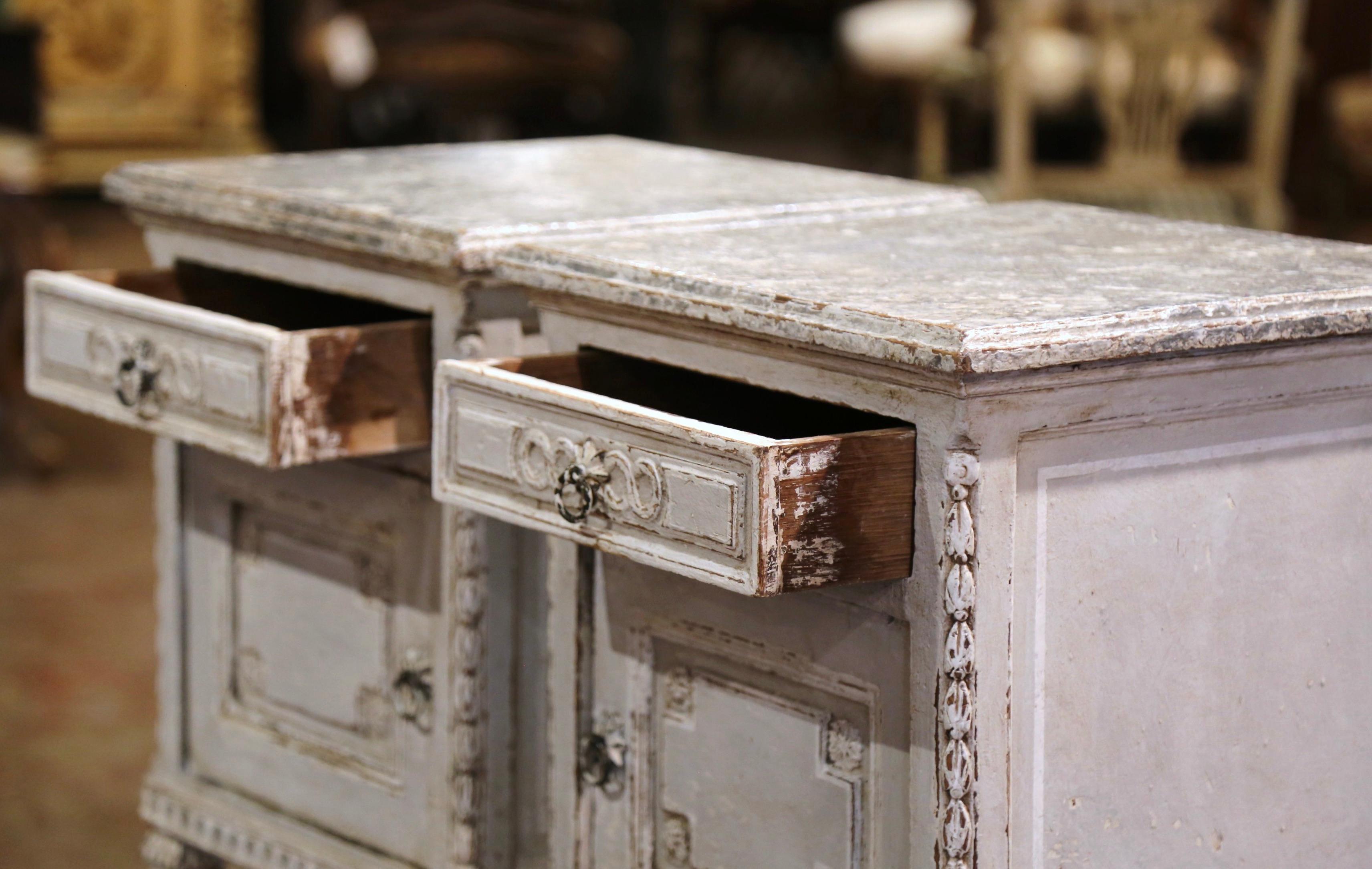 Pair of 19th Century French Louis XVI Carved Painted Nightstands Bedside Tables 1