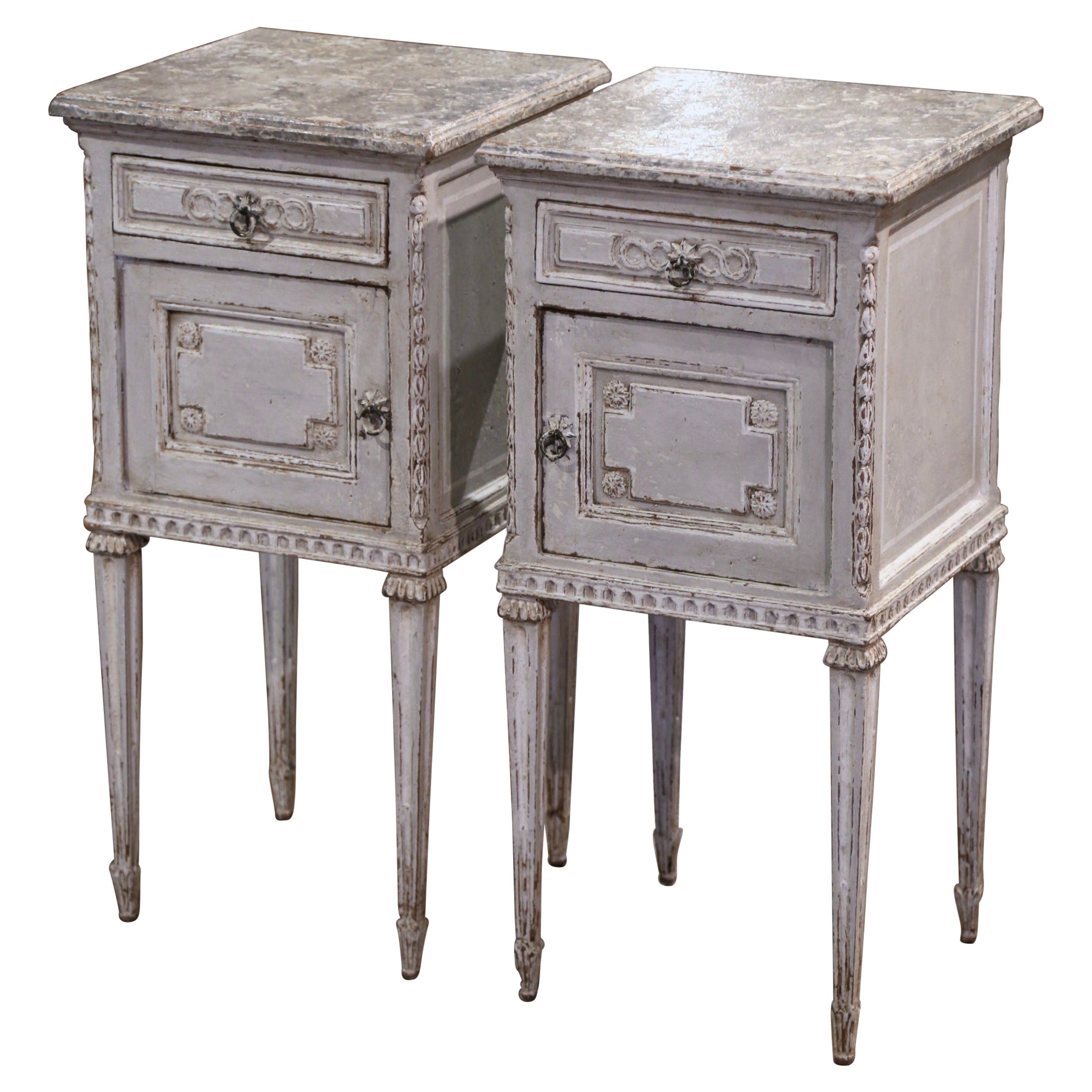 Pair of 19th Century French Louis XVI Carved Painted Nightstands Bedside Tables
