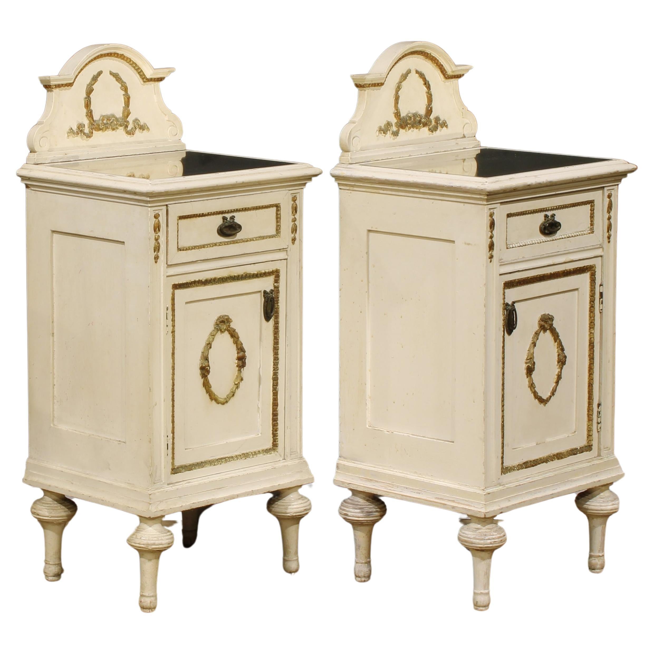 Pair of 19th Century French Louis XVI Carved Painted Nightstands Bedside Tables For Sale