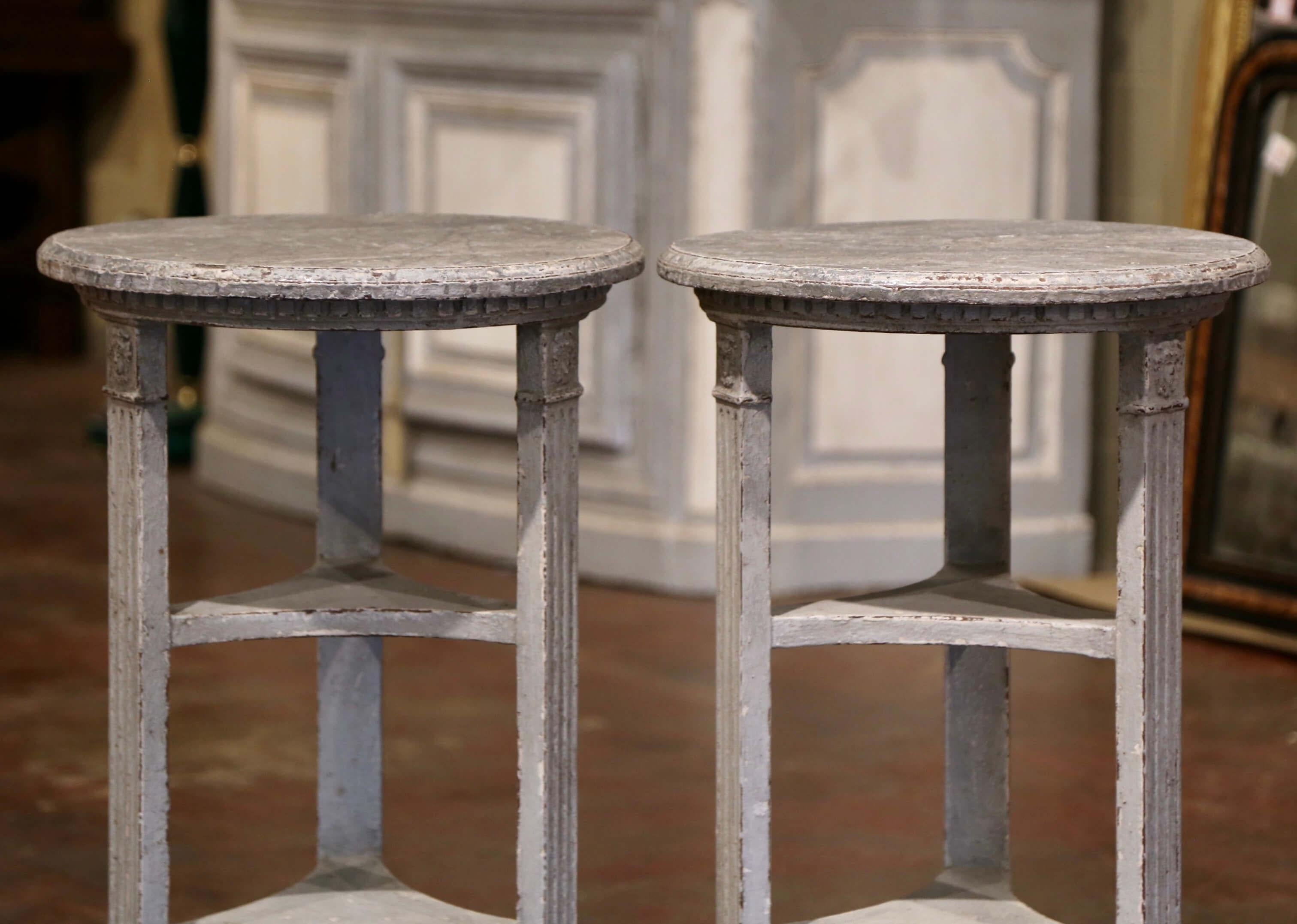 Hand-Painted Pair of 19th Century French Louis XVI Carved Painted Tables with Faux Marble Top For Sale