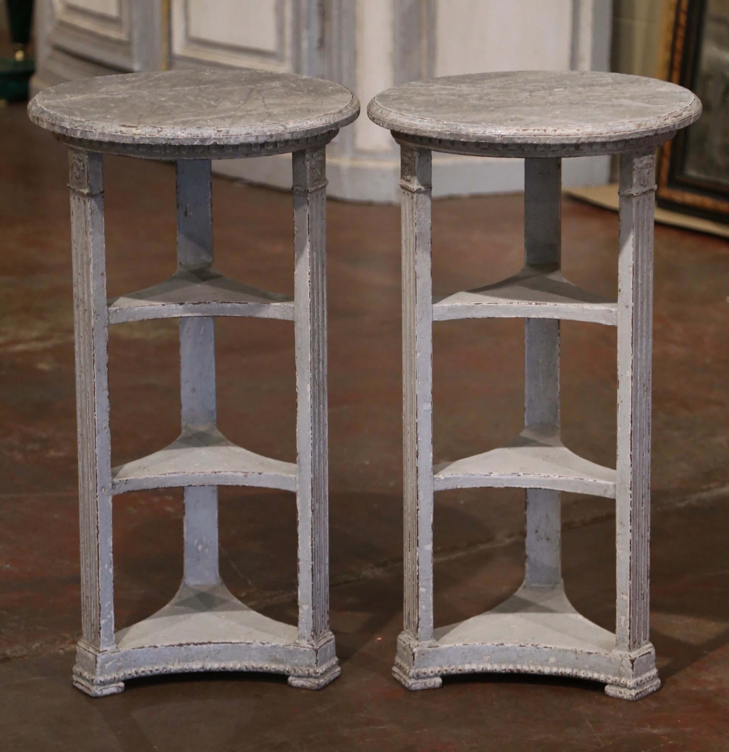 Pair of 19th Century French Louis XVI Carved Painted Tables with Faux Marble Top In Excellent Condition For Sale In Dallas, TX