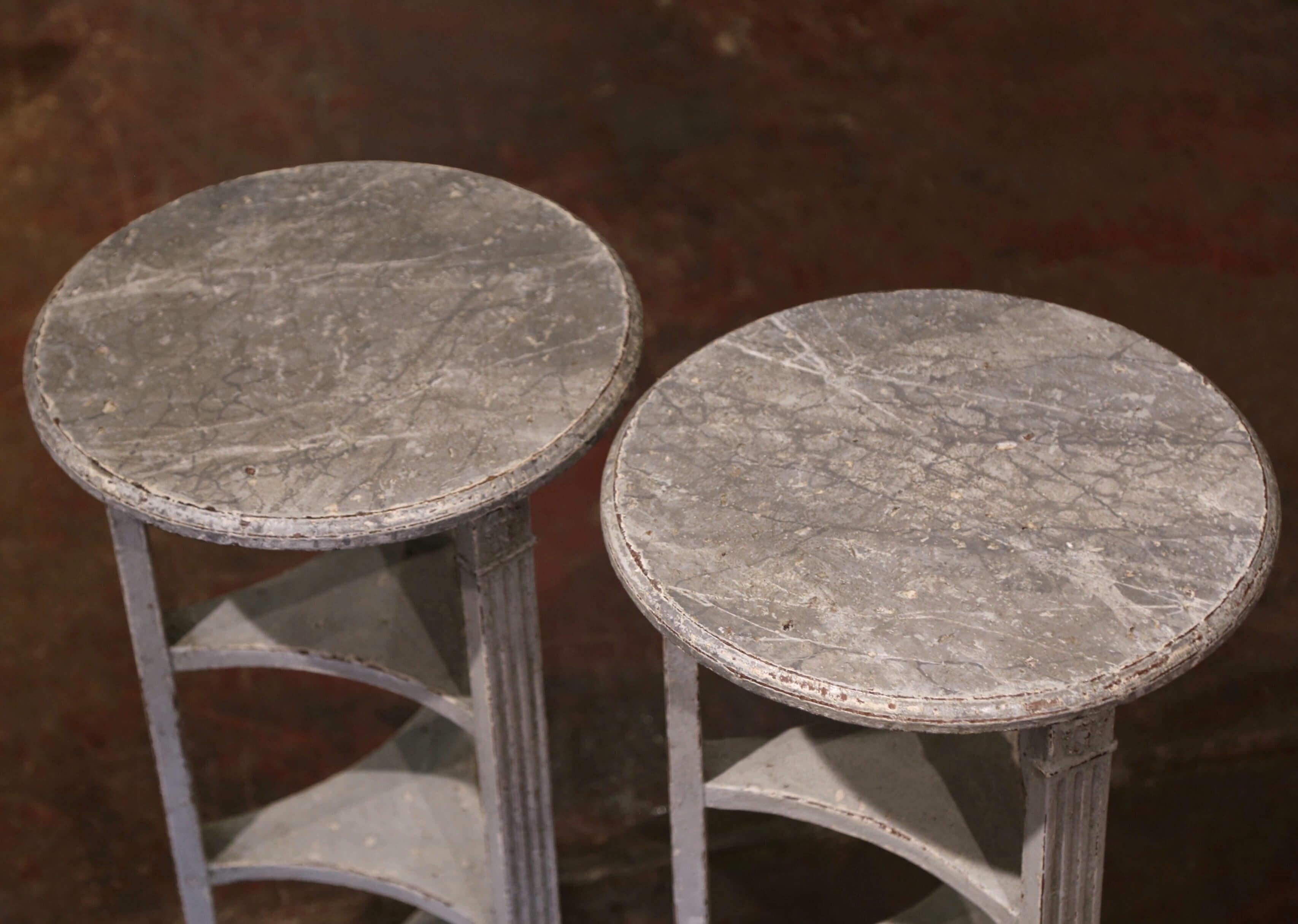 Oak Pair of 19th Century French Louis XVI Carved Painted Tables with Faux Marble Top For Sale