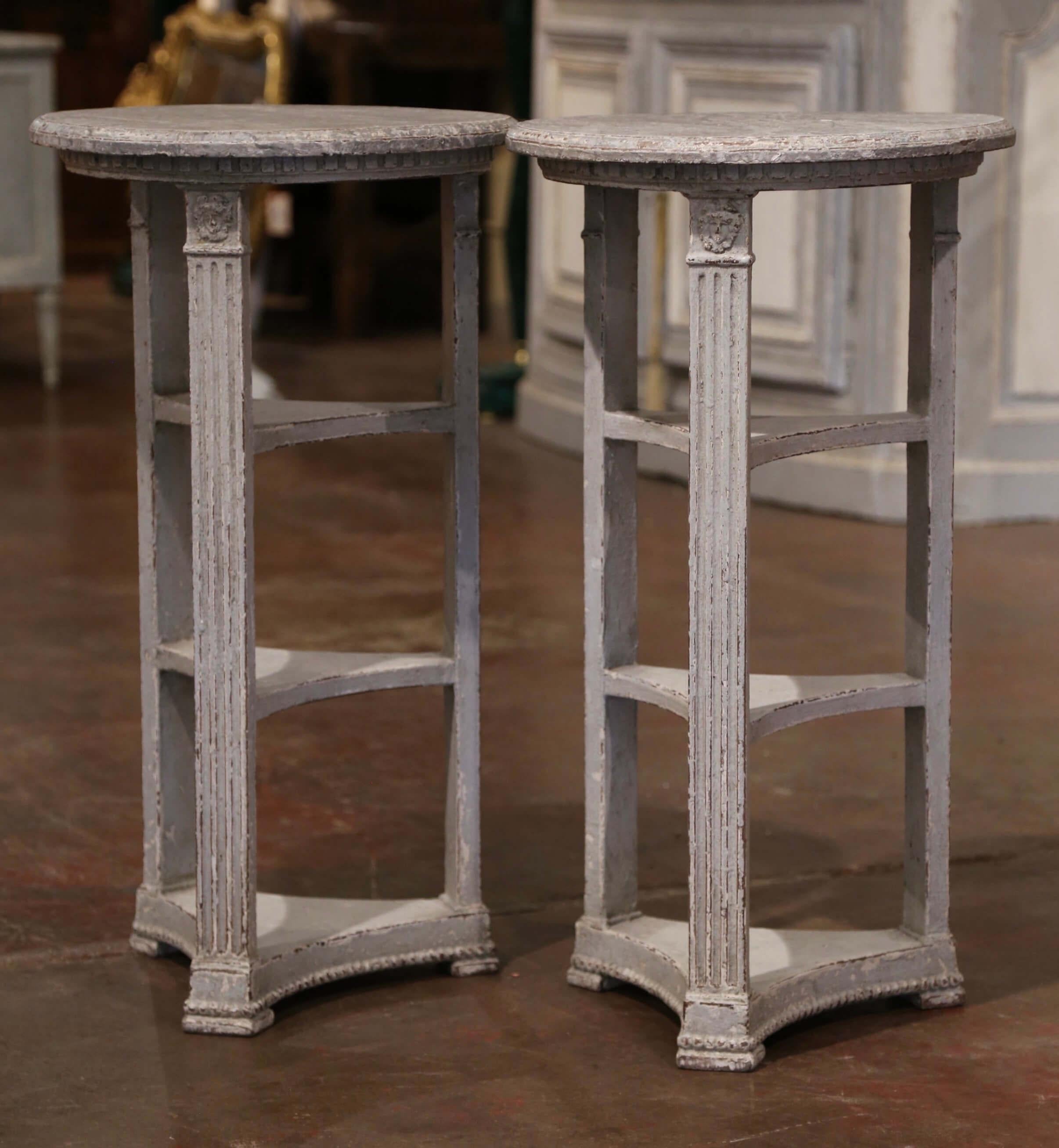 Pair of 19th Century French Louis XVI Carved Painted Tables with Faux Marble Top For Sale 1