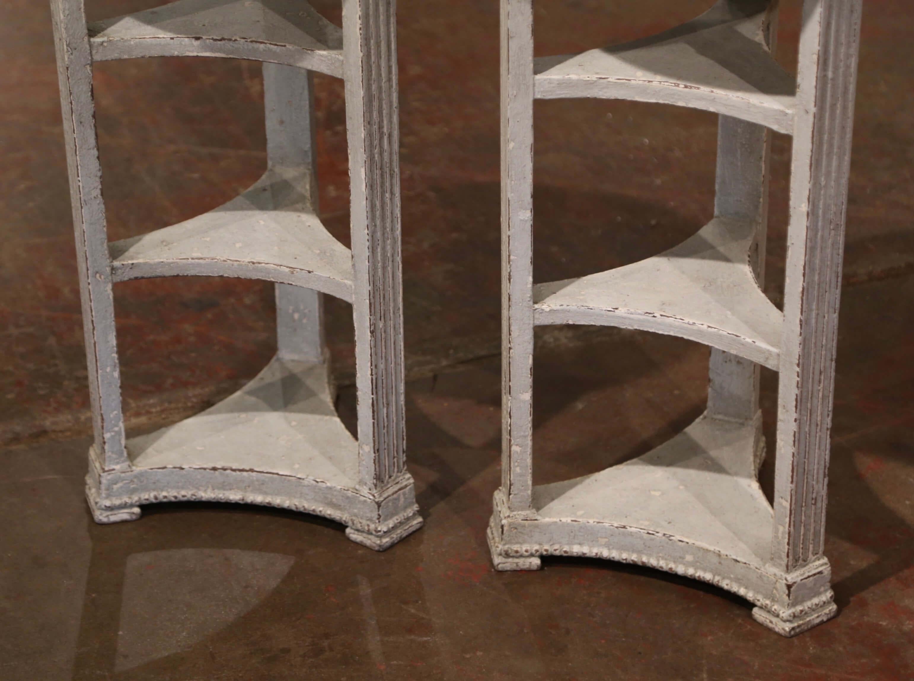 Pair of 19th Century French Louis XVI Carved Painted Tables with Faux Marble Top For Sale 4
