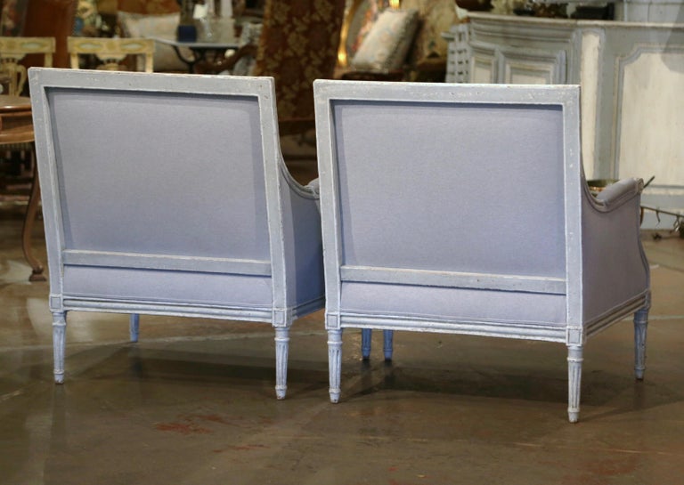 Pair of 19th Century French Louis XVI Carved Painted Upholstered Armchairs For Sale 5