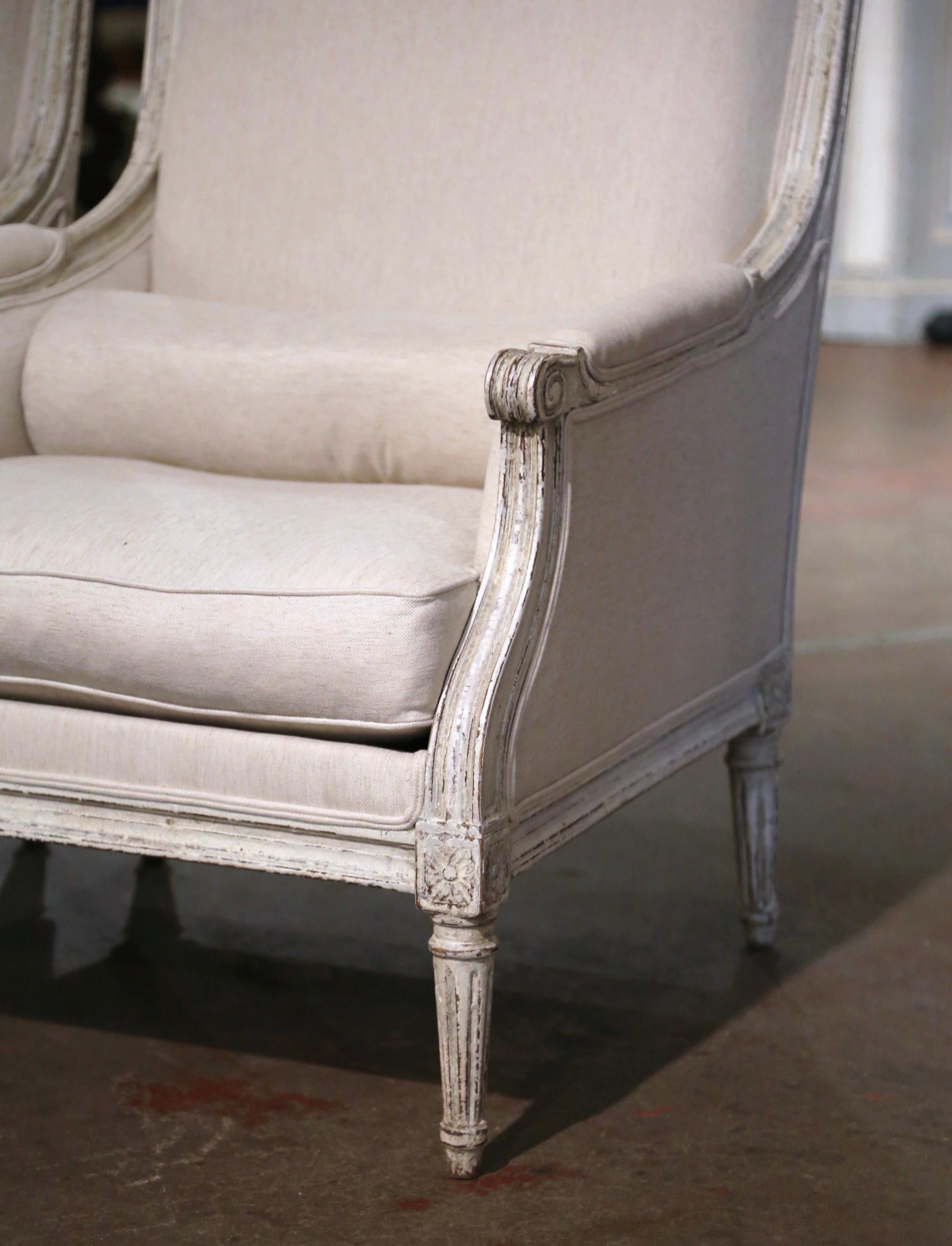 Pair of 19th Century French Louis XVI Carved Painted Upholstered Armchairs 7