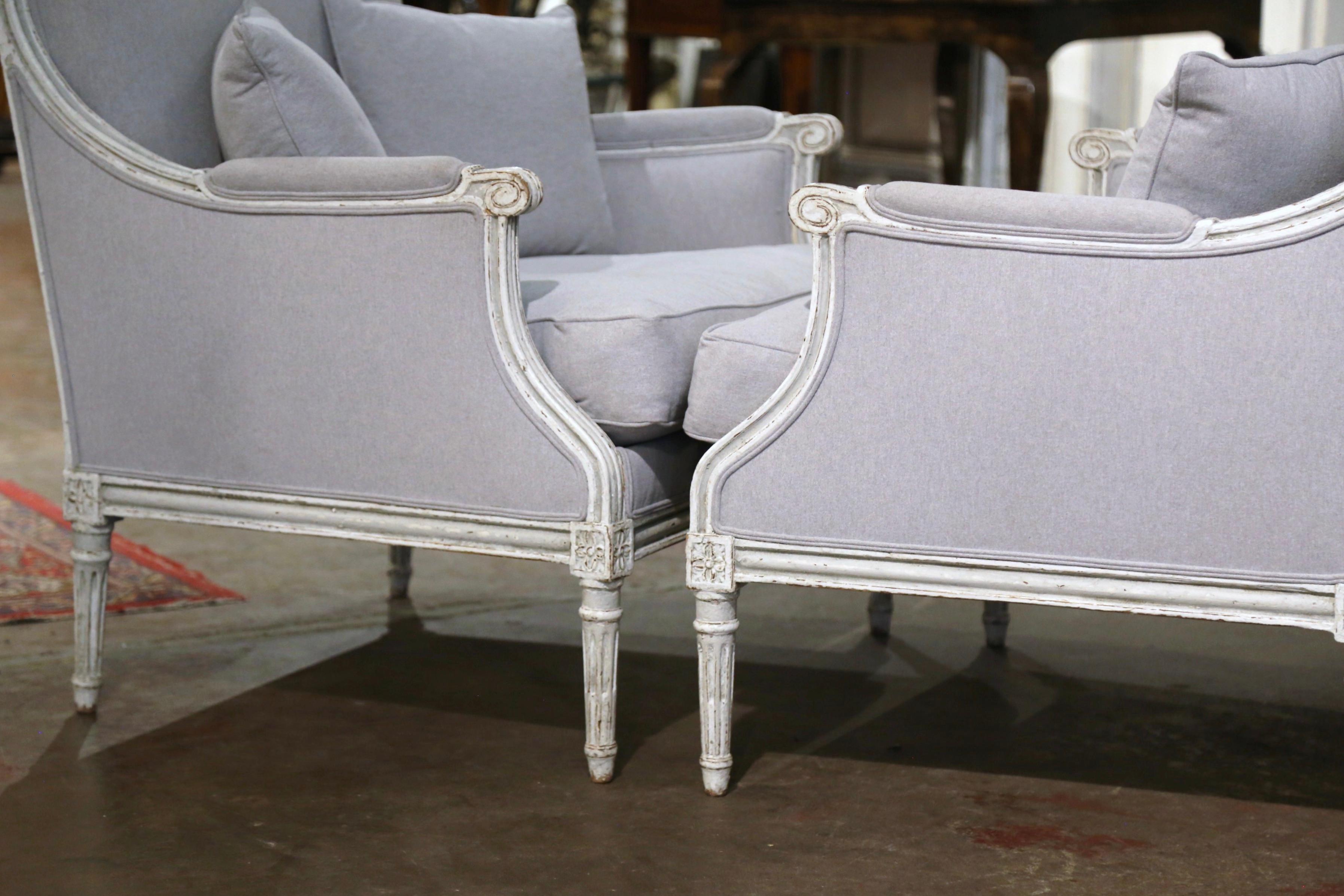 Pair of 19th Century French Louis XVI Carved Painted Upholstered Armchairs 7