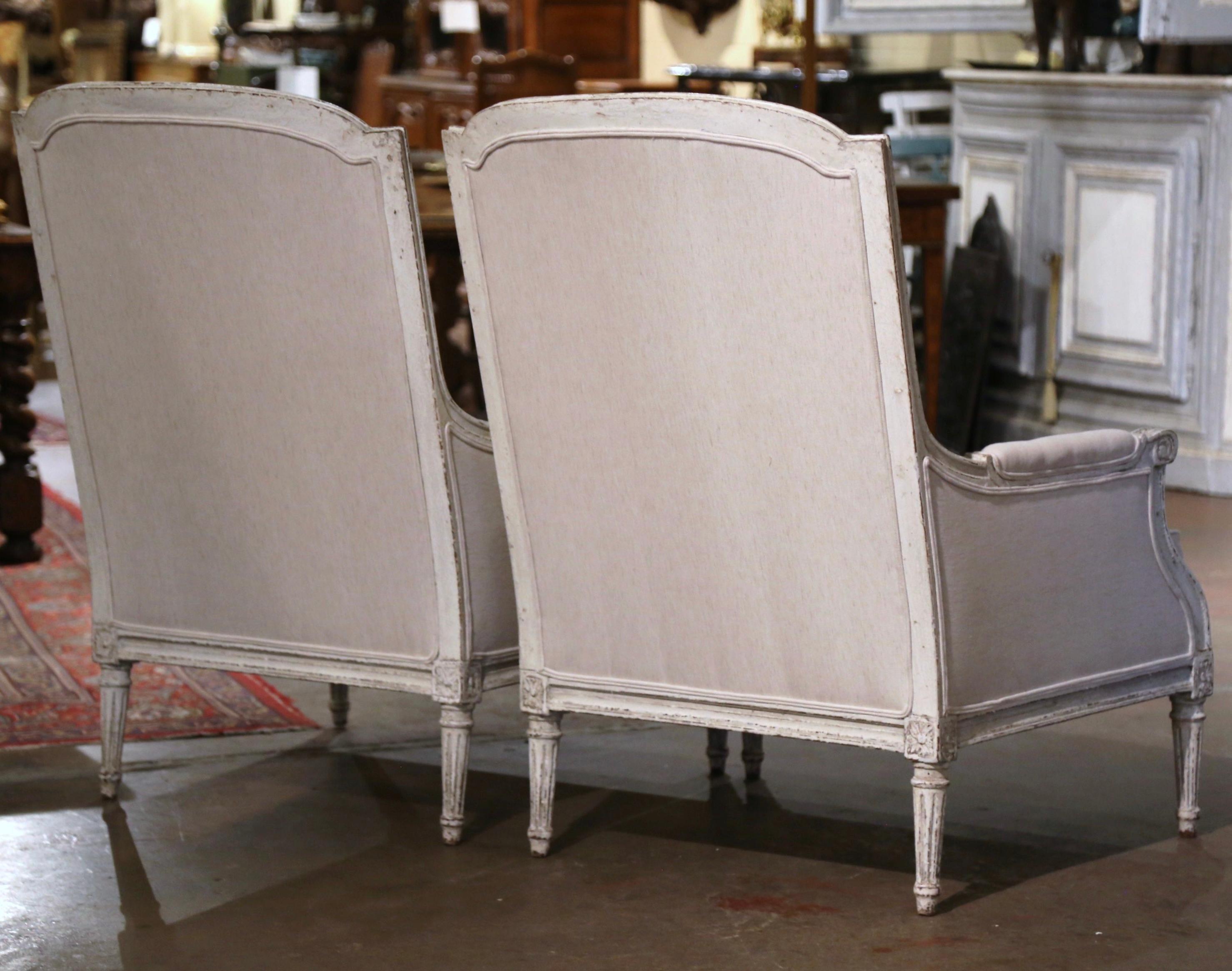 Pair of 19th Century French Louis XVI Carved Painted Upholstered Armchairs 8