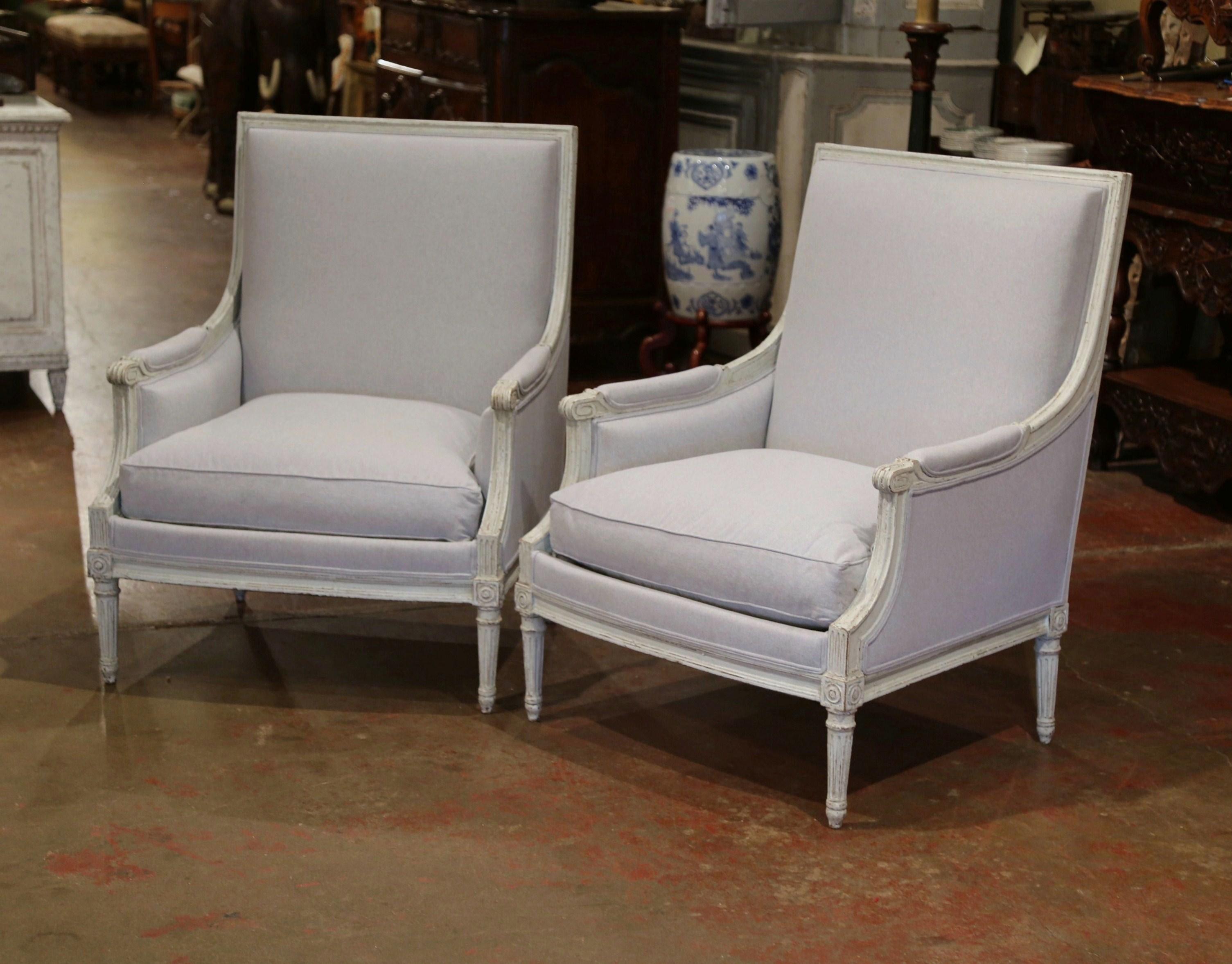 Patinated Pair of 19th Century French Louis XVI Carved Painted Upholstered Armchairs