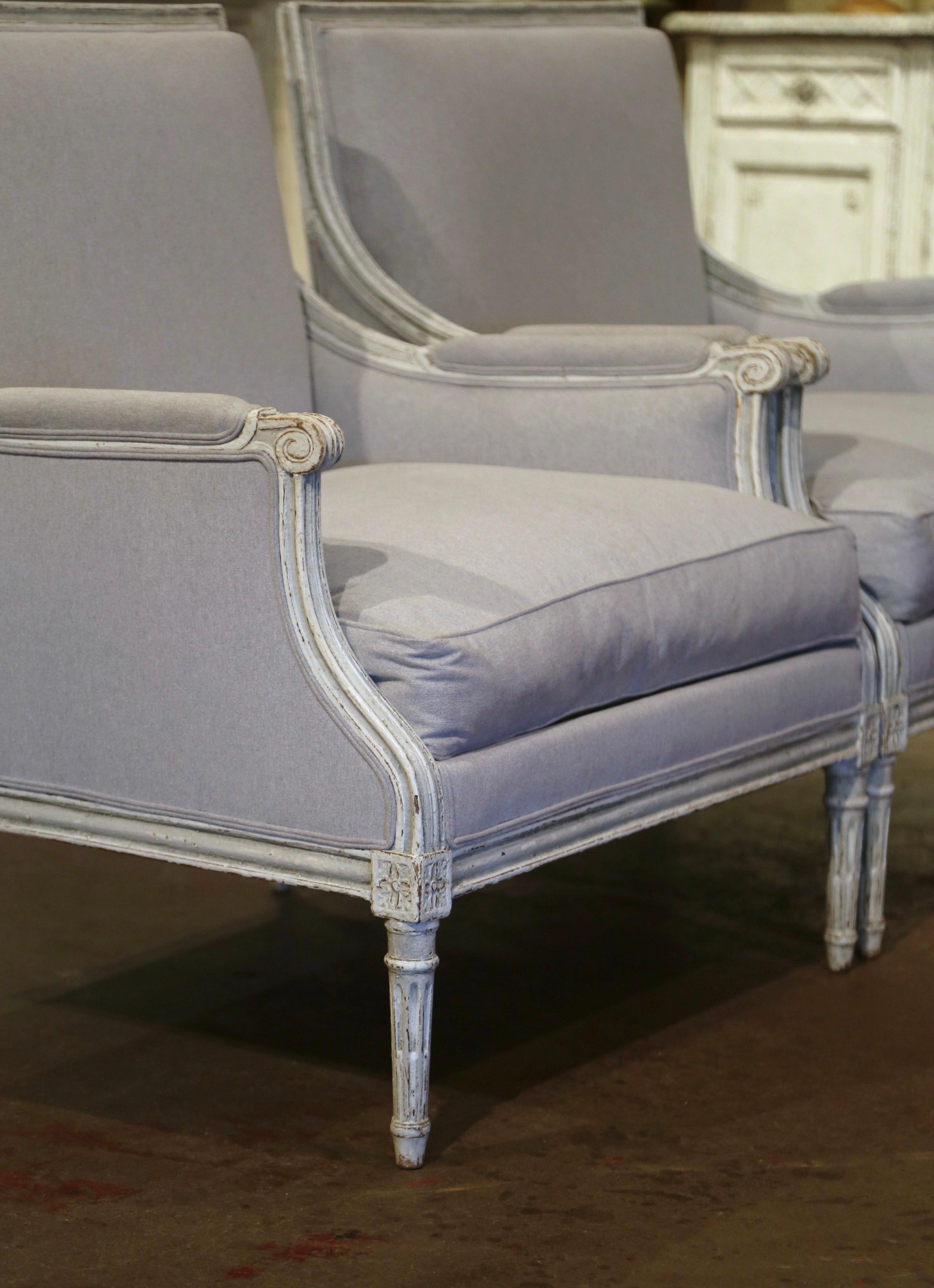 Hand-Carved Pair of 19th Century French Louis XVI Carved Painted Upholstered Armchairs