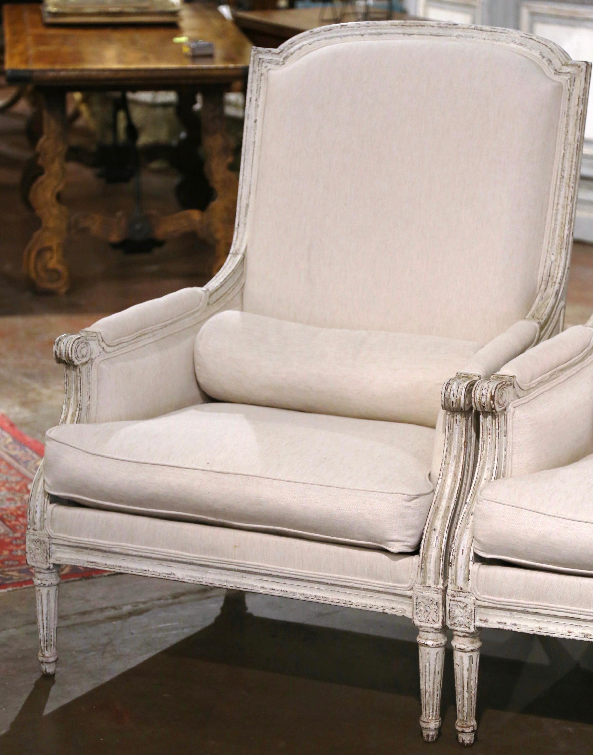 Hand-Carved Pair of 19th Century French Louis XVI Carved Painted Upholstered Armchairs