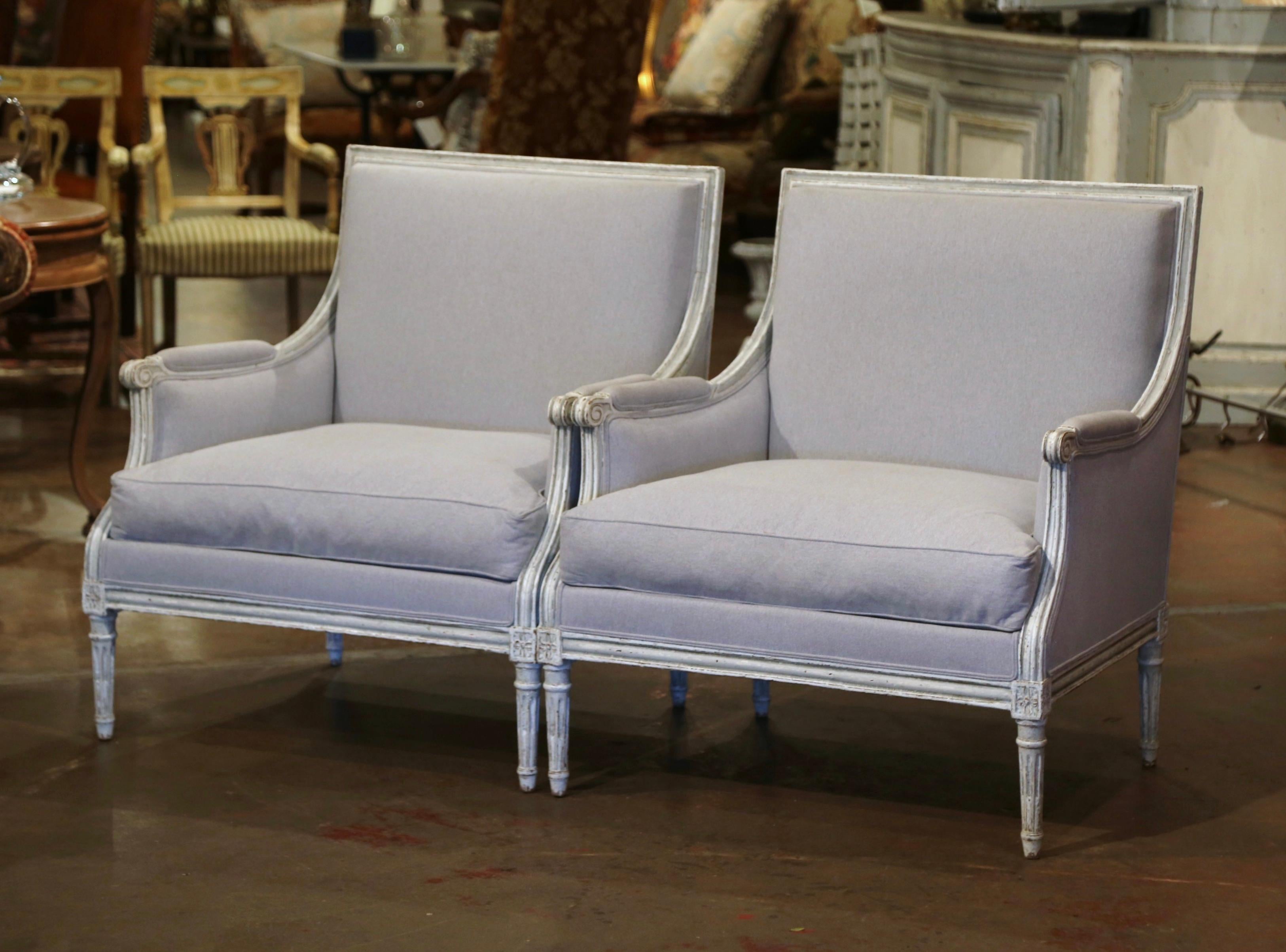 Pair of 19th Century French Louis XVI Carved Painted Upholstered Armchairs In Excellent Condition In Dallas, TX